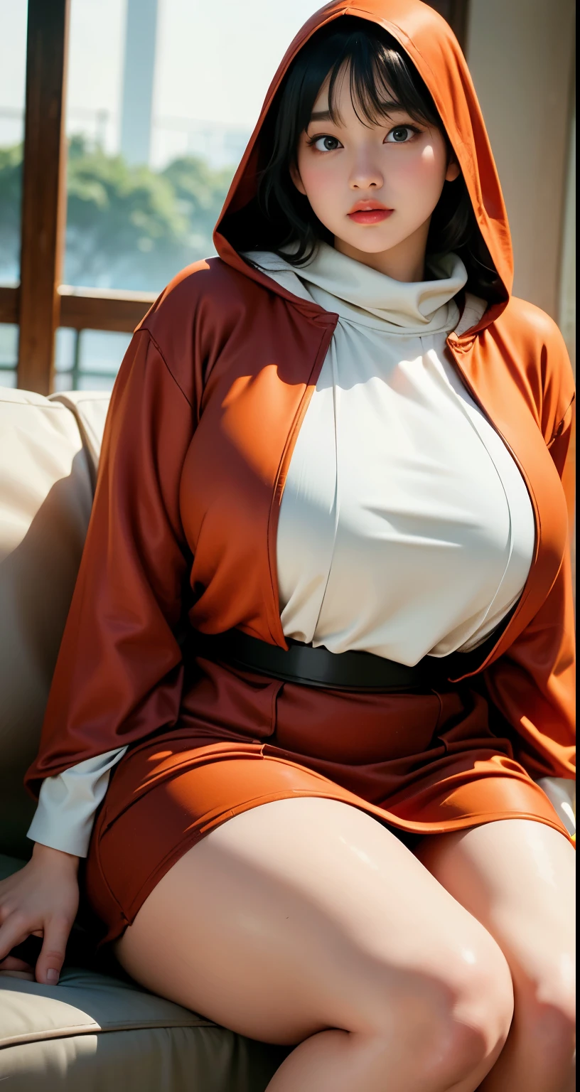 there is a woman sitting down with a longest brown hair, bbwchan, thicc, brown hijab outfit, brown hairstyle model, korean girl, korean woman, wearing brown robe, full length shot, alluring plus sized model, japanese goddess, clothed in hooded, voluptuous and arousing, portrait shot, curvy model, voluptuous body, wonderful, nene tanaka body , bbwchan, The overall atmosphere is smooth , haunting illustrations, extremely high-resolution details, photographic, realism pushed to extreme, fine texture, 4k, ultra-detailed, high quality, high contrast, red sneakers , cold atmosphere ,,