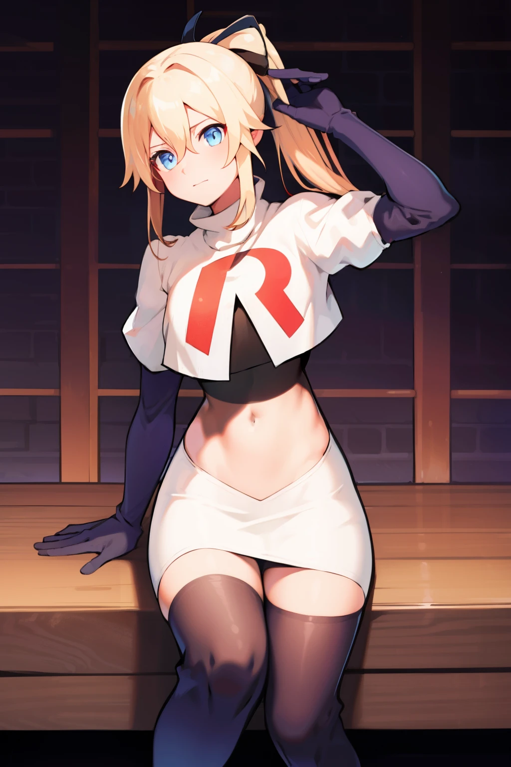 absurdres, highres, (official art, beautiful and aesthetic:1.2), ultra detail, beautiful person, bangs, blue eyes, blonde hair, long hair, hair between eyes, ponytail,
gloves, bow, hair between eyes, ponytail, hair bow, sidelocks, jean \(genshin impact\),
team rocket,team rocket uniform,white skirt,red letter R,crop top,black thigh-highs,black elbow gloves,
