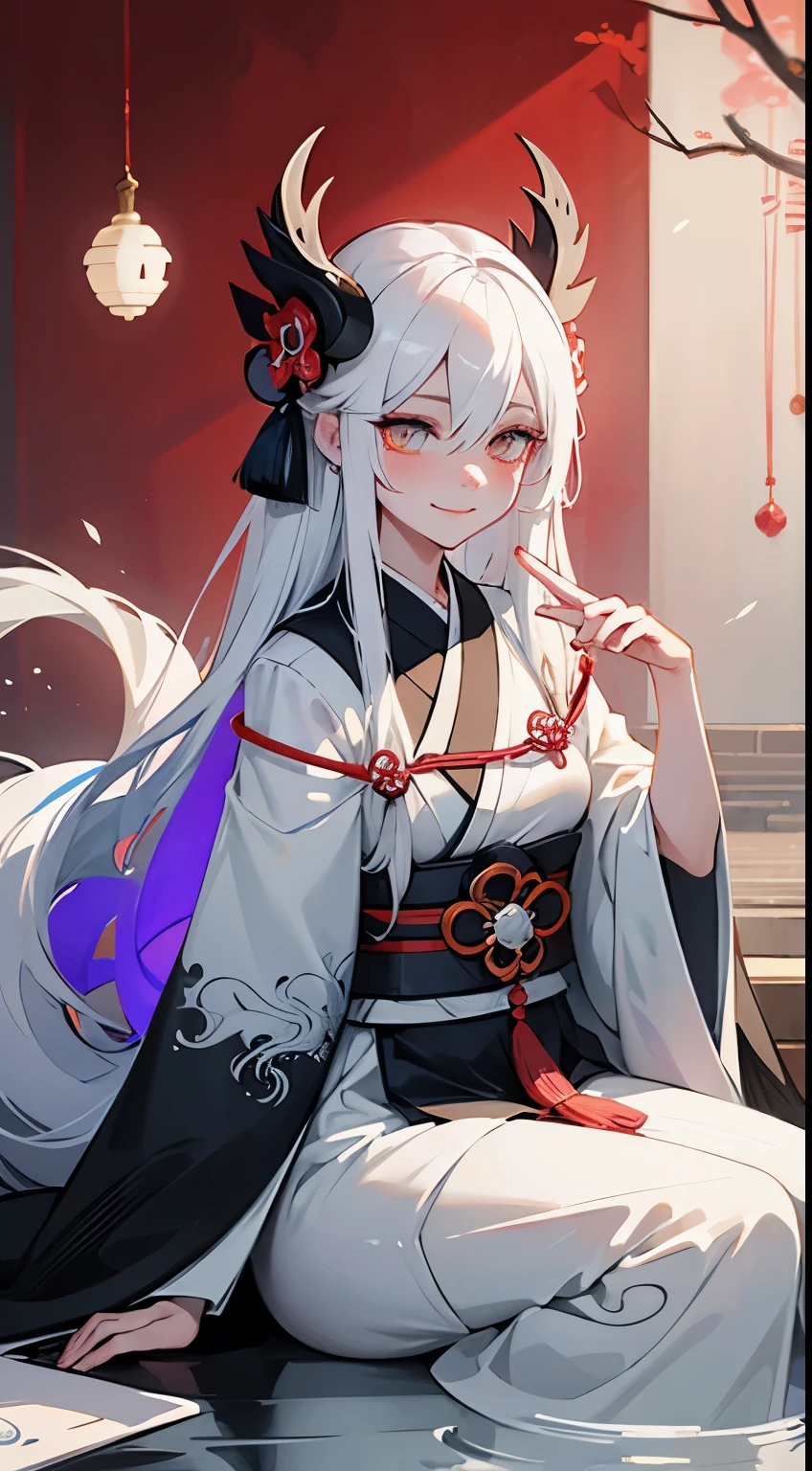 Drawing of a with white hair sitting on a branch, ethereal , Kyuubi three-tailed , Onmyoji Detailed Art, Kyuubi, Beautiful artistic illustration, mythical creatures,, Beautiful digital art work, Beautiful digital illustrations, Water often, 灵感来自mythical creatures Wildnet, Digital art on pixiv, Bright light, high contrast, horror theme, dark atmosphere,seductive,naughty smile,shy,blush,long white hair,golden eyes,sit on the floor