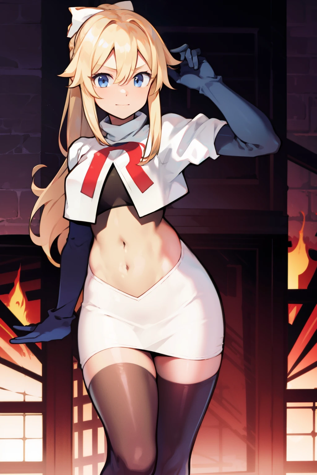 absurdres, highres, (official art, beautiful and aesthetic:1.2), ultra detail, beautiful person, bangs, blue eyes, blonde hair, long hair, hair between eyes, ponytail,
gloves, bow, hair between eyes, ponytail, hair bow, sidelocks, jean \(genshin impact\),
team rocket,team rocket uniform,white skirt,red letter R,crop top,black thigh-highs,black elbow gloves,