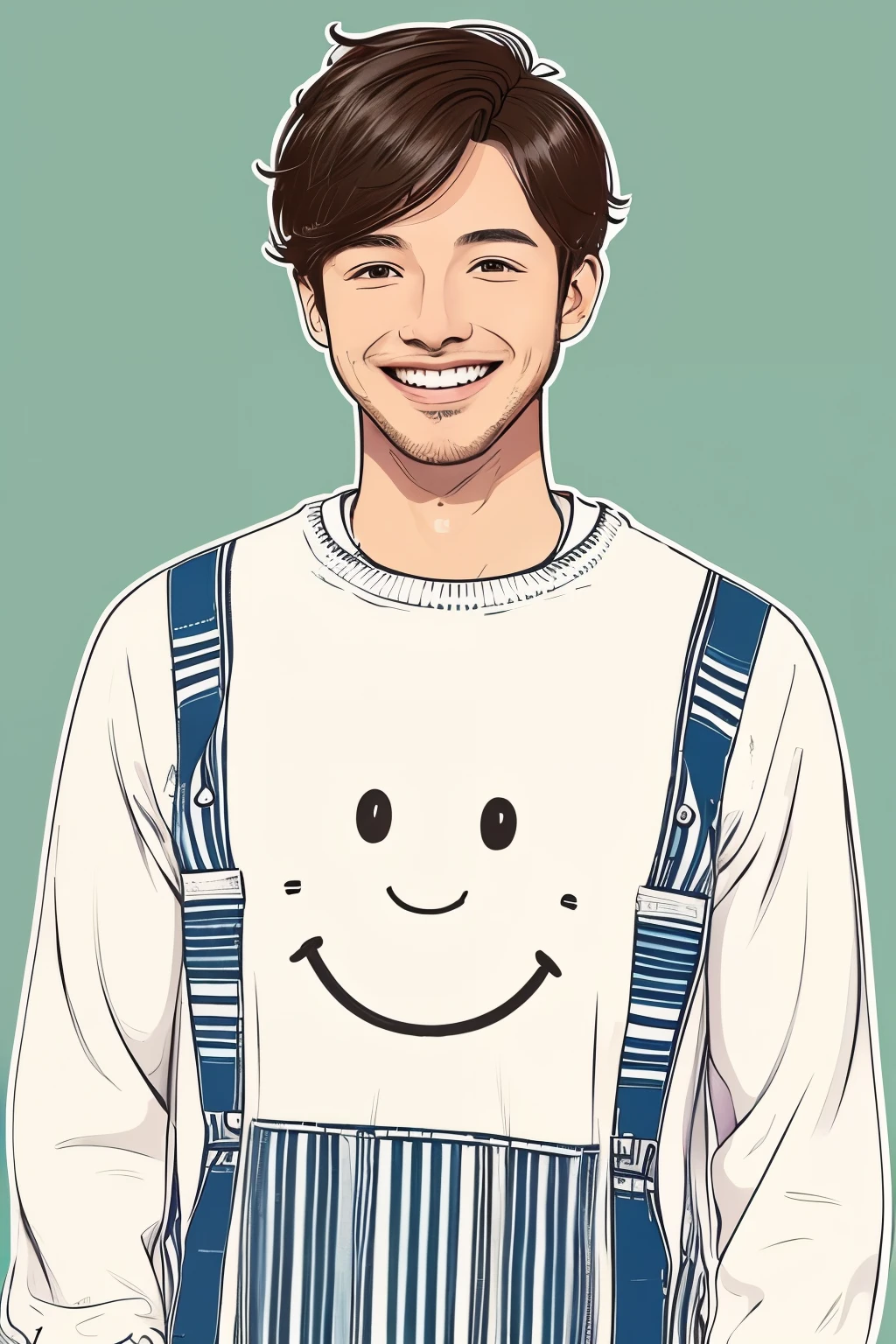 "An illustration of a man with a friendly smile. He is in a relaxed pose, wearing casual but well-put-together clothes. His hair is short and tidy, and his expression is warm. The background is in soft colors, giving the illustration an overall friendly atmosphere. This design is perfect for a social media profile picture or for communicating with friends."