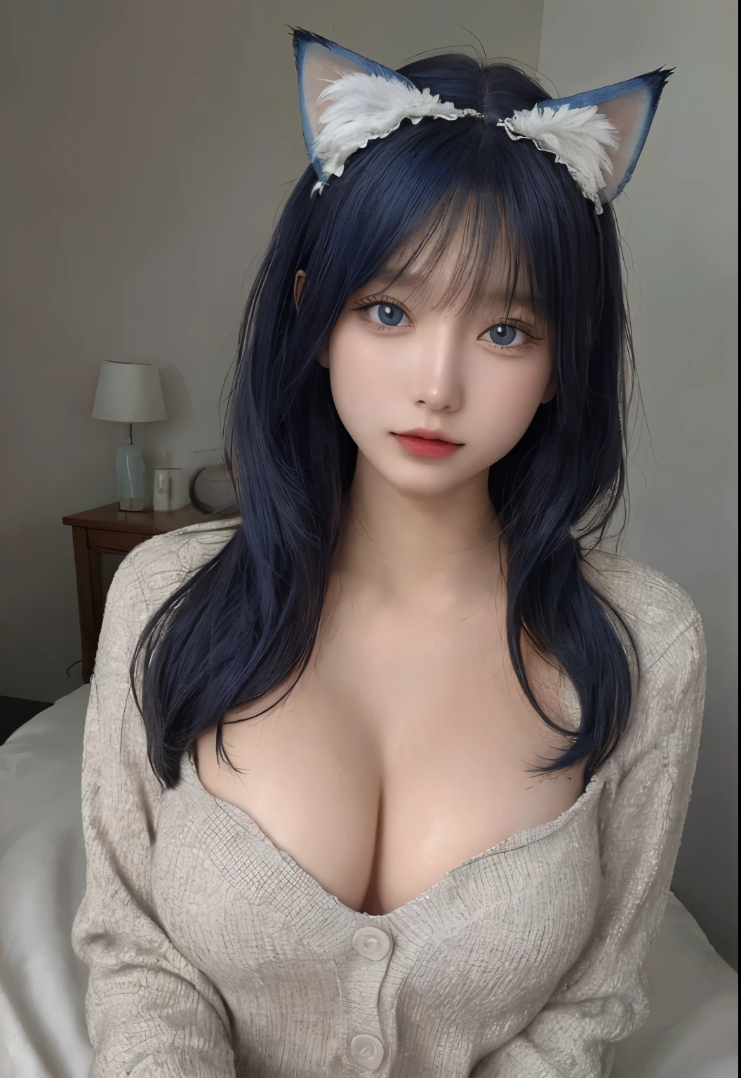 (ung girl), Anime girl with amazing face and blue eyes, 白衬衫和blue hair, Anime cute art style, Hestia, Anime visual of a cute girl, aqua of konosuba, Produced by Anime Painter Studio, anime grandma, Ayaka original god impact, 动漫the best女孩, cartoon animation, cute anime girl, Gaimoyedre, Anime style 4K, An anime girl eyes, blue eyes, (very beautiful girl), (the bestquality:1.4), (Super detailed), (masterpiece, the best_quality, Super detailed, 8k, ultra high definition, flawless:1.latin blue hair, blue hair,catwoman,, Cat ears, glowing pink eyes, Shy, Compliance, Blushed, wet oily skin, on the bed, Big deal胸, heart tattoo above, , Big deal腿粗, Beautiful hip curves, 巨Big deal, only, tight skin, scantily clad,White lace top, collar, facing the audience, Windows, bedroom, midnight, Sexy,,japanese goddess, cardigan shirt, korean girl, 美丽的Asian girl, V-shaped bust clothes, low cut,巨Big deal,Expose the upper half of the chest,not compact,下垂的Big deal胸,Gorgeous Chinese model, Beautiful young Korean woman, Japanese model, thick lips,duckbill,Asian girl, Beautiful young Korean woman, wearing shirt, Beautiful Korean woman, 坐on the bed, Looking to the future,巨Big deal,Big deal,up,portrait photo,super closeup,face camera,Take photos carefully,Double tail,,European and American women,,Mature