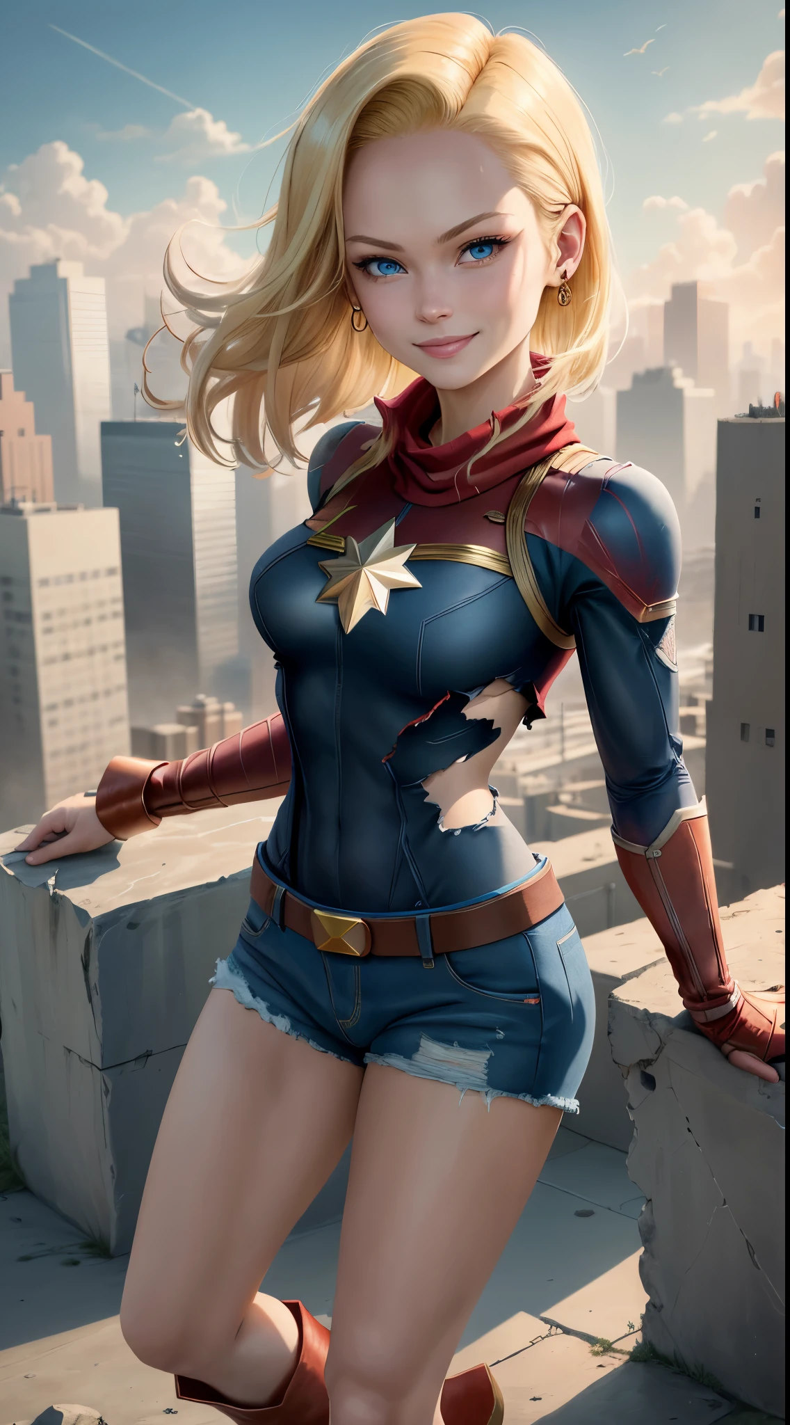 best quality, highres, and18, 1girl, android 18, solo girl, 1girl, blonde hair, blue eyes, captain marvel, red clothe belt, red boots, blue and red bodysuit, long pilot scarf, blue long sleeve shirt, blue leggings, earrings, red gloves, medium breasts, cowboy shot, city view, straight-on, (weather: windy), sexy smile, combat stance, torn clothes, battle ruins,