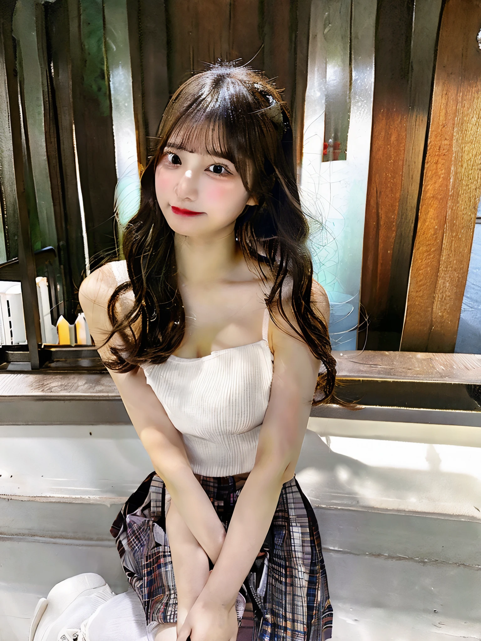 girl 20 years old brunette long wavy hair in a white dress sitting at a table in a cafe background bar counter cafe