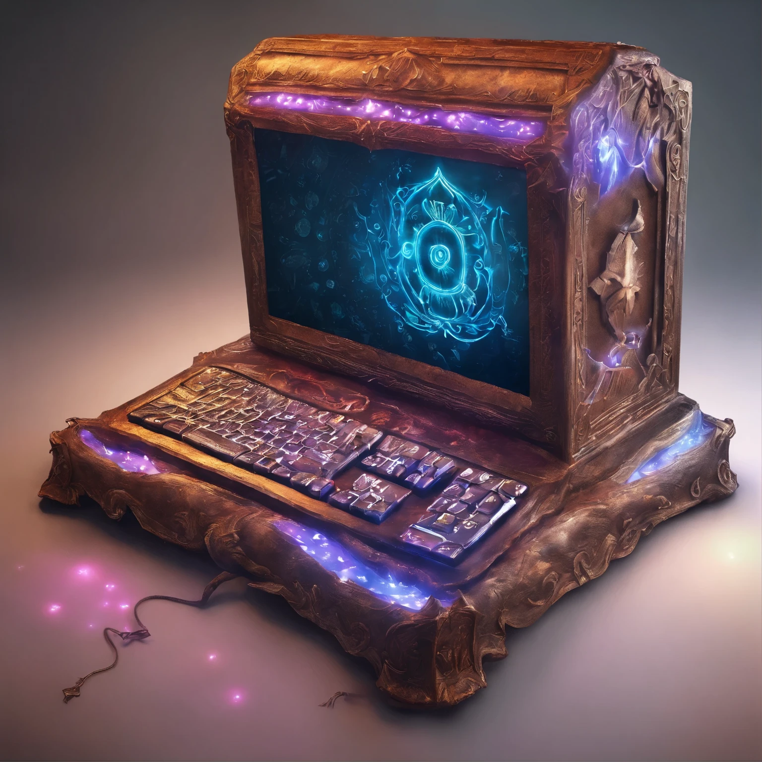 (Best quality,4K,8K,A high resolution,Masterpiece:1.2),Ultra-detailed,(Realistic,Photorealistic,photo-realistic:1.37), computer, multiple ports, a gaming monitor, custom computer, detachable screen, detachable keyboard, glowing rune symbols on the computer, rune letters on the side of the computer, full view, computer made of magical iron, rune markings on the body of the computer, RGB lights, colorful lights full device, big pc, sci-fi pc, futuristic pc, fantasy pc, magical pc