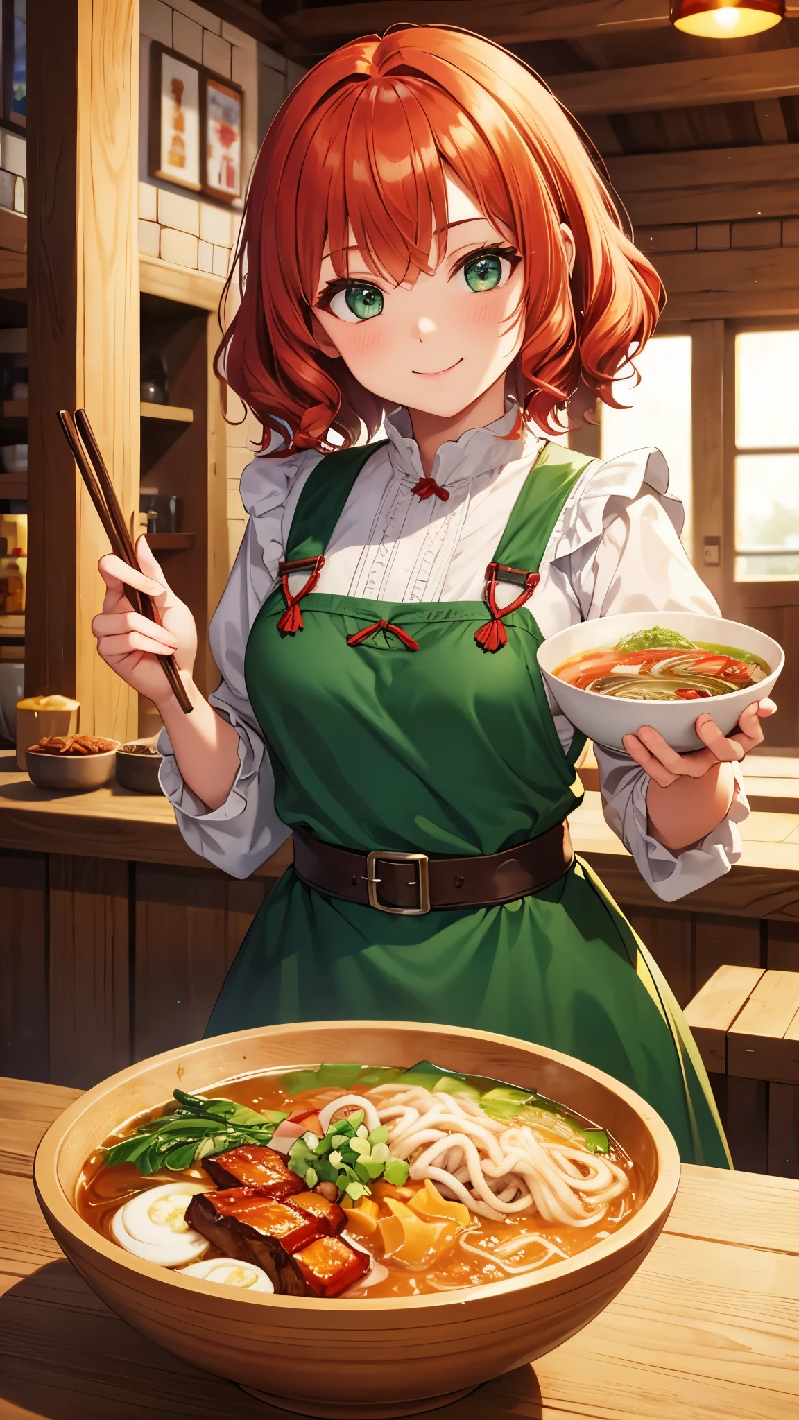 young girl, short red curly hair, Green eyes, smile, Old Russian folk peasant dress, bowl of ramen, Masterpiece, high quality, tavern background