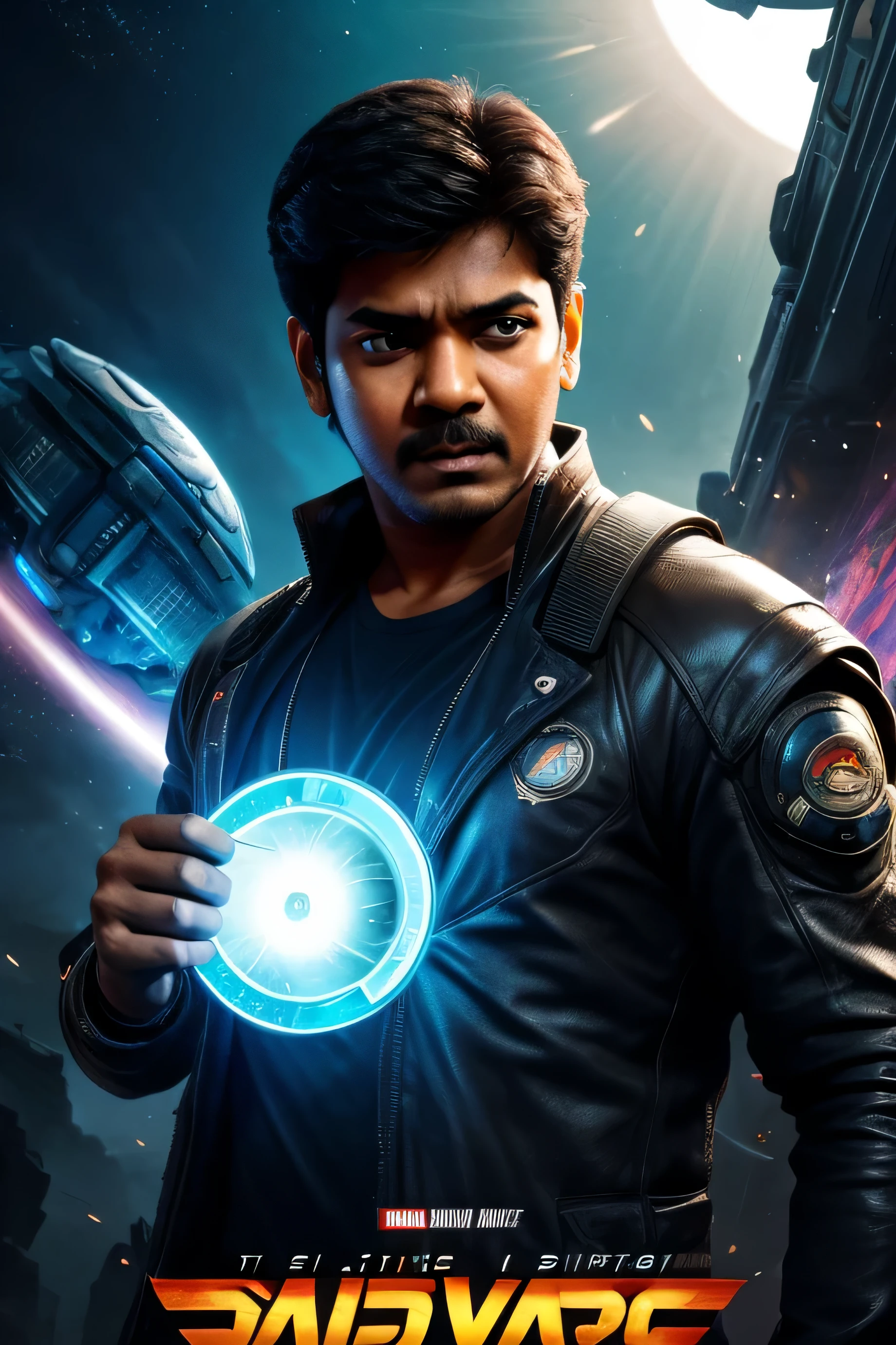 A movie poster featuring Vijay, the famous actor, in a futuristic setting. The poster depicts Vijay's face in a close-up shot, with a time-traveling device strapped to his wrist. Behind him, a swirling vortex of light and energy suggests the concept of time travel. The background is filled with futuristic cityscapes and flying vehicles, giving a sense of the sci-fi genre. The poster is designed to evoke a sense of adventure and mystery, with Vijay's expression hinting at the challenges and discoveries that await him on his temporal odyssey.