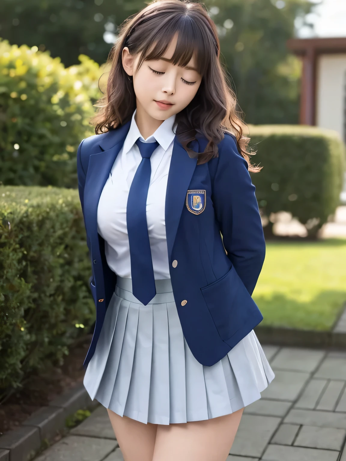 8k, highest quality, real image, intricate details, Super detailed, ultra high resolution, depth field,(realistic,realistic:1.2), (closed my eyes:1.2), 1 Japanese girl, very beautiful 17 year old girl, Big eyes, beautiful breasts:1.5、highly detailed eyes:1.2), (beautiful breasts:1.1), (small breasts:1.3), wavy hair、curly hair、bangs, perfect skin, Fair skin, huge hips, thick thighs, thick legs, tight waist, light blush, alone, (tears flow:1.1), (Are crying:1.1), (School_uniform),(dark blue blazer), (white shirt、wear a tie), (gray pleated skirt), (sculpture installation :1.1)