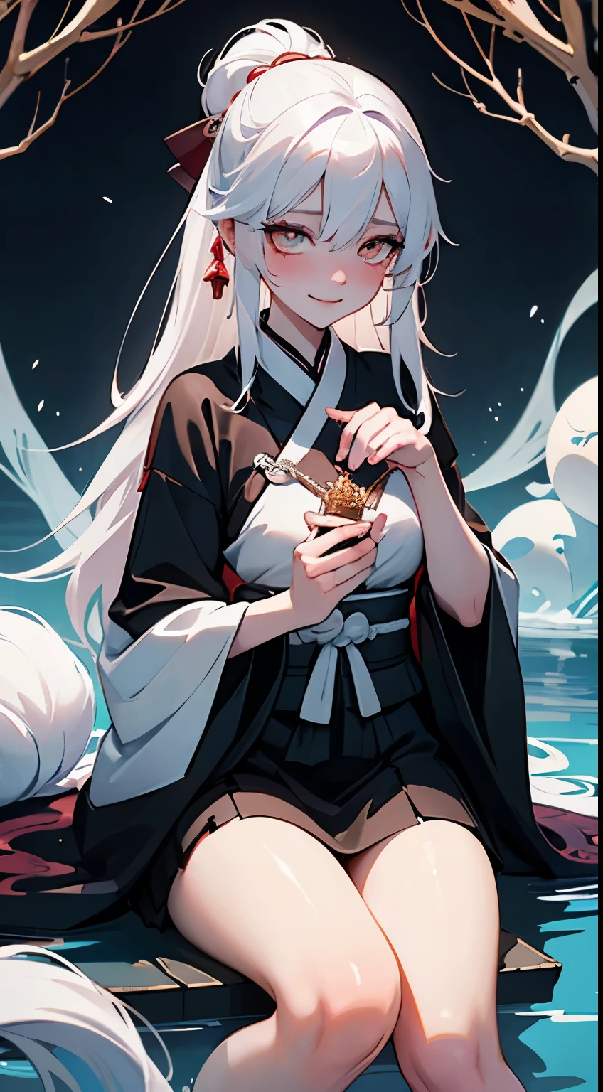 Drawing of a with white hair sitting on a branch, ethereal , Kyuubi three-tailed , Onmyoji Detailed Art, Kyuubi, Beautiful artistic illustration, mythical creatures,, Beautiful digital art work, Beautiful digital illustrations, Water often, 灵感来自mythical creatures Wildnet, Digital art on pixiv, Bright light, high contrast, horror theme, dark atmosphere,seductive,naughty smile,shy,blush,long white hair,golden eyes,sit on the floor