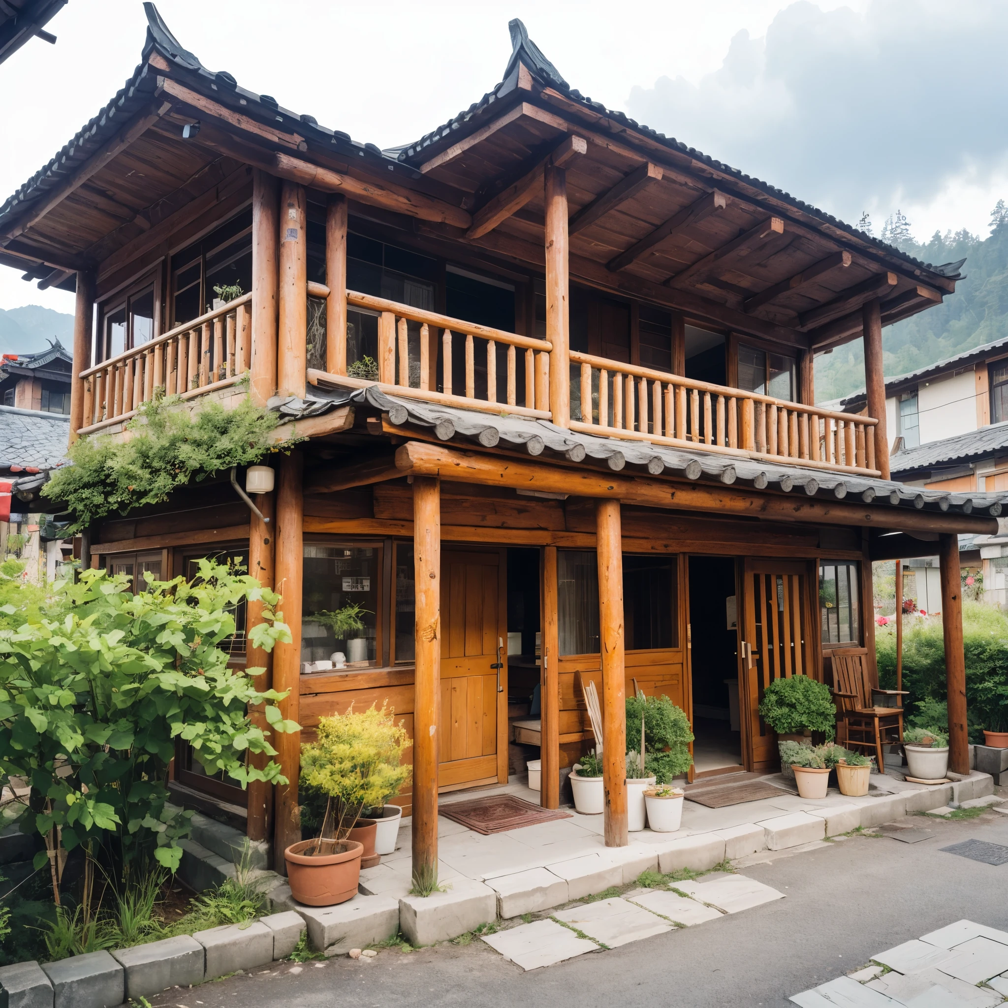 （A small courtyard with a canteen in rural China：0.8），The canteen is an old wooden hut，On the door of the house there are three words &quot;commissary&quot; written on it.，There is an old-fashioned Chinese chair outside the house，（A Chinese old woman Wang Yumei sits on a chair），smiling，There are wooden shelves in the house，It is filled with various snacks，The main materials of the wooden cabin are Yunnan pine and bamboo，Beautiful pine wood texture，Lightweight texture，Making the cabin not only practical，And it has high ornamental value，Wood frame structure，The roof adopts a pitched roof design，To adapt to Yunnan’s rainy climate，The background is the mountains of Yunnan，shrouded in mist，aerial photography，illustration，fresh，peaceful，Chinese Spring Festival festive atmosphere