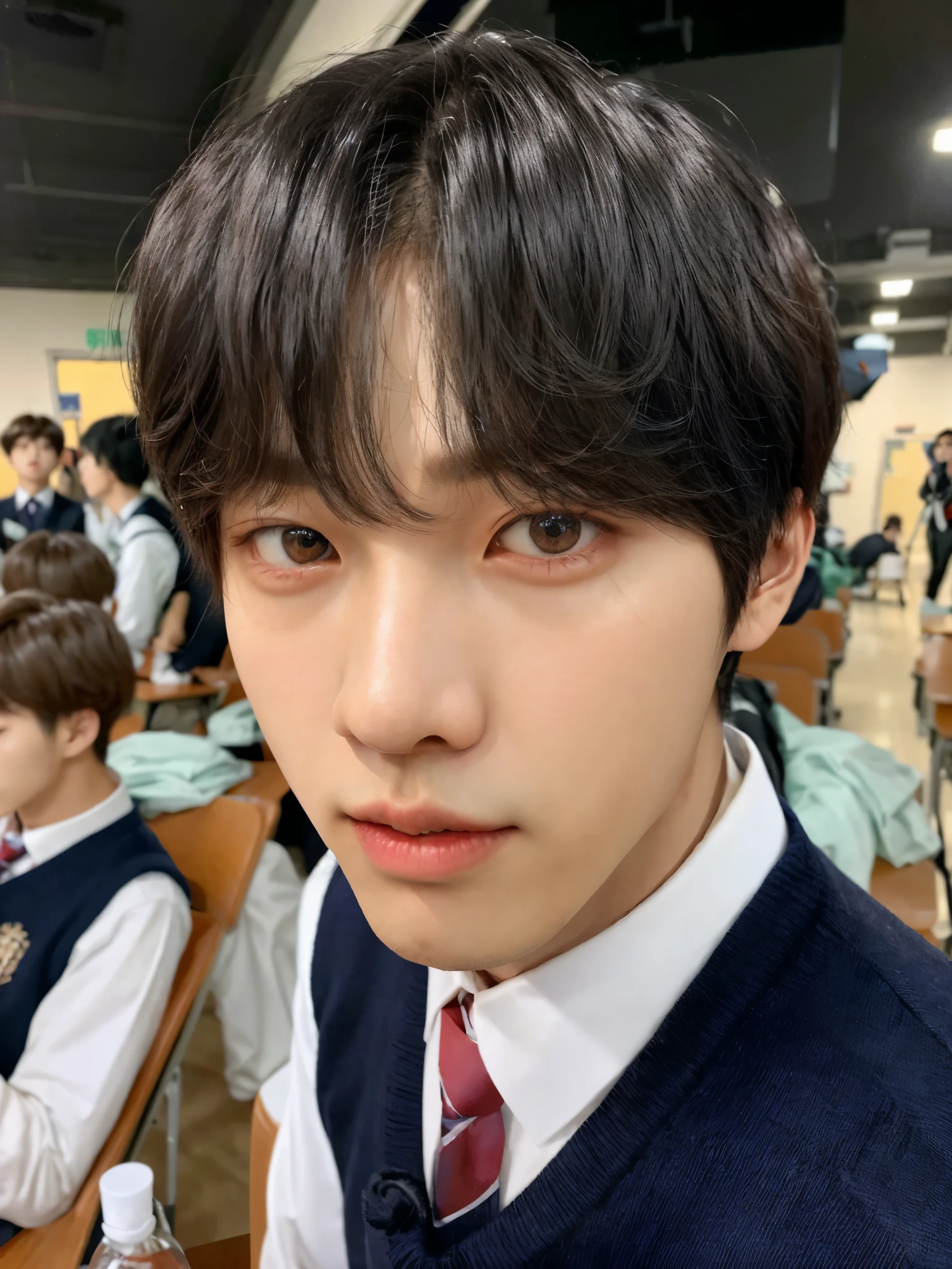 there is a young man with a tie and sweater in a classroom, kim doyoung, kim taejin, Jimin, hyung tae, jungkook, jinyoung shin, bts, jaeyeon nam, Jimin\his right eyelid is swollen, Jimin\los labios carnosos, pale korean adorable face, park Jimin, hyung tae kim, Jung Jaehyun, yanjun chengt, Kim taehyung, HD, pretty face