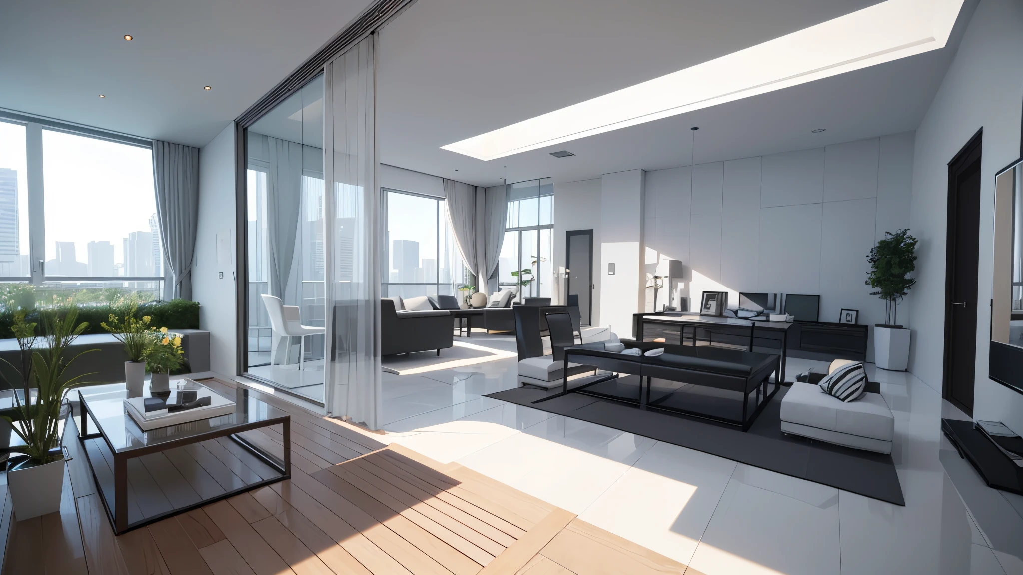 you are a famous interior designer、I was asked to create a 3D image of a large modern room.。. Create a harmonious environment with modern and minimalist furniture. Including garden interior.