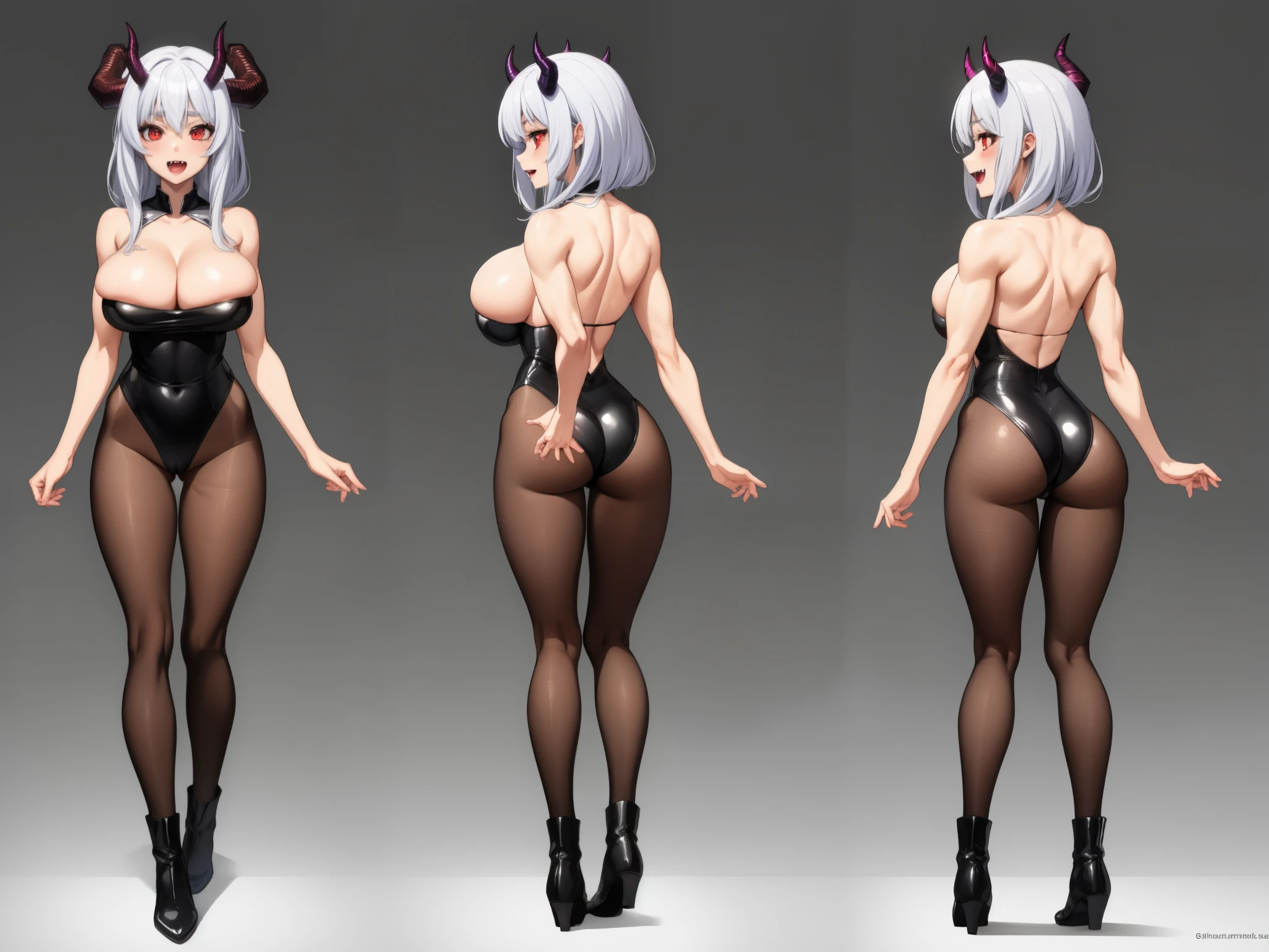 demon woman, red eyes, white hair, pink skin, horns, fangs, long muscular legs, slim body, huge breasts, fishnet pantyhose, high boots, corn uniform, 8k, hd, masterpiece, full body, bottomless, character design in various perspectives, front, back, 3/4, profiles
