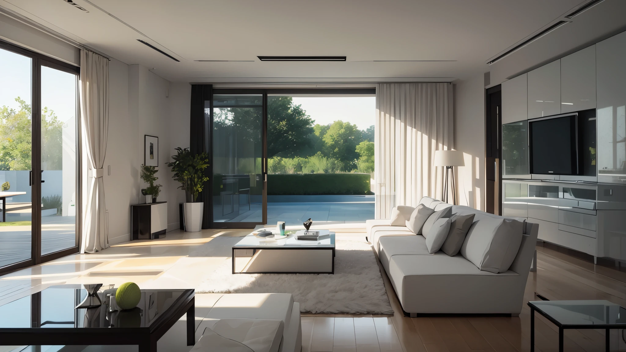 you are a famous interior designer、I was asked to create a 3D image of a large modern room.。. Create a harmonious environment with modern and minimalist furniture. Including garden interior.
