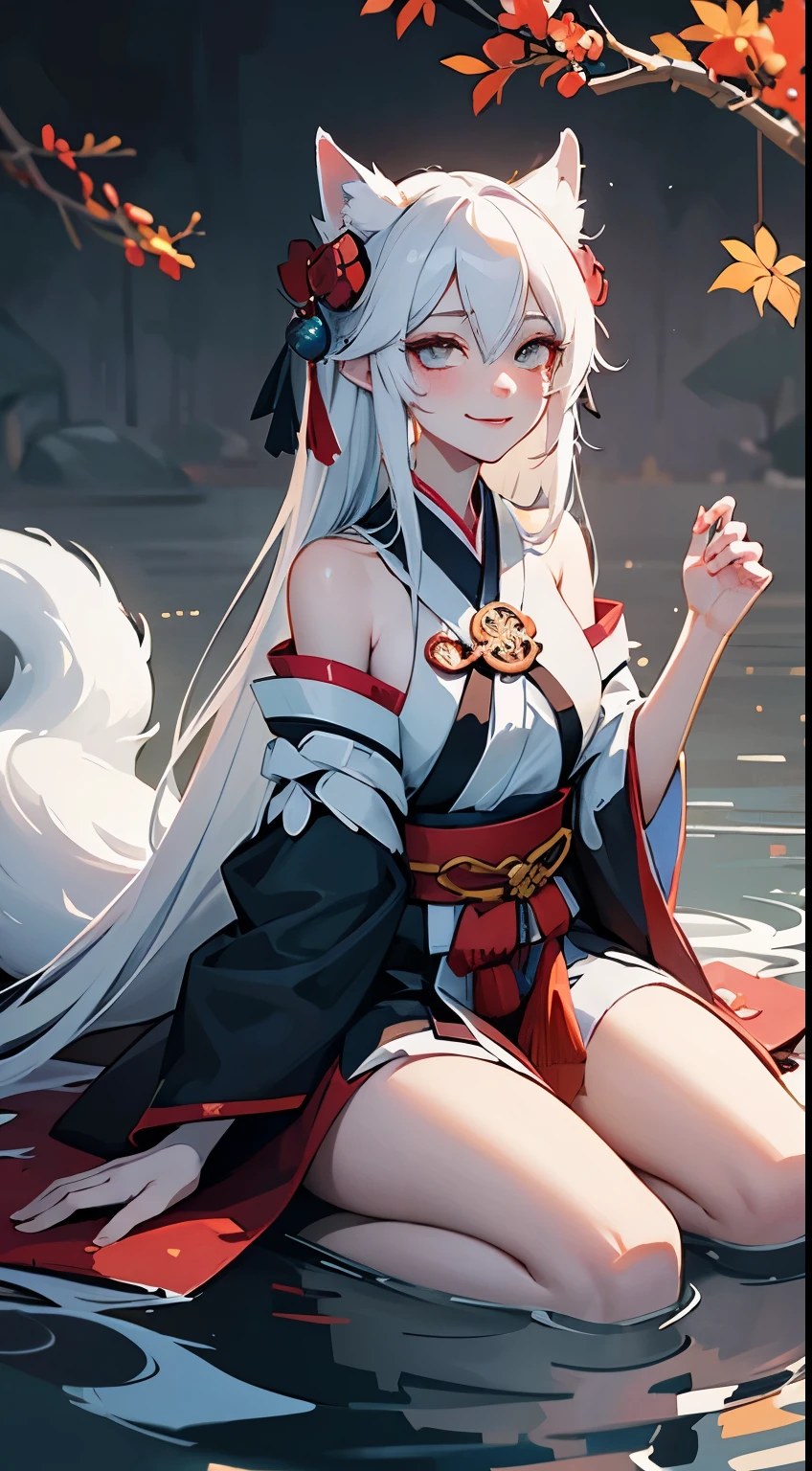 Drawing of a  with white hair sitting on a branch, ethereal , Kyuubi  three-tailed , Onmyoji Detailed Art, Kyuubi, fox ears，Beautiful artistic illustration, mythical creatures, Beautiful digital art work, Beautiful digital illustrations, Water often, 灵感来自mythical creatures Wildnet, Digital art on pixiv, Bright light, high contrast, horror theme, dark atmosphere，seductive，naughty smile，shy，blush，long white hair，golden eyes，sit on the floor