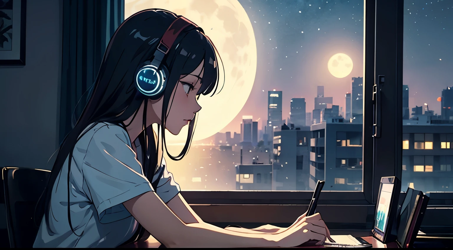 女の子1人、90's anime style、natta、studio、a moon、Girl wearing headphones、Late Night Room、Listening to music alone、City Pop、Low image quality、lo-fi、Chill、deep in the night、Rooms for single people、darkened room、Outside the window is a night view of the near future、darkened room、profile、Sitting at a desk、Studying、full bodyesbian、Pulling point