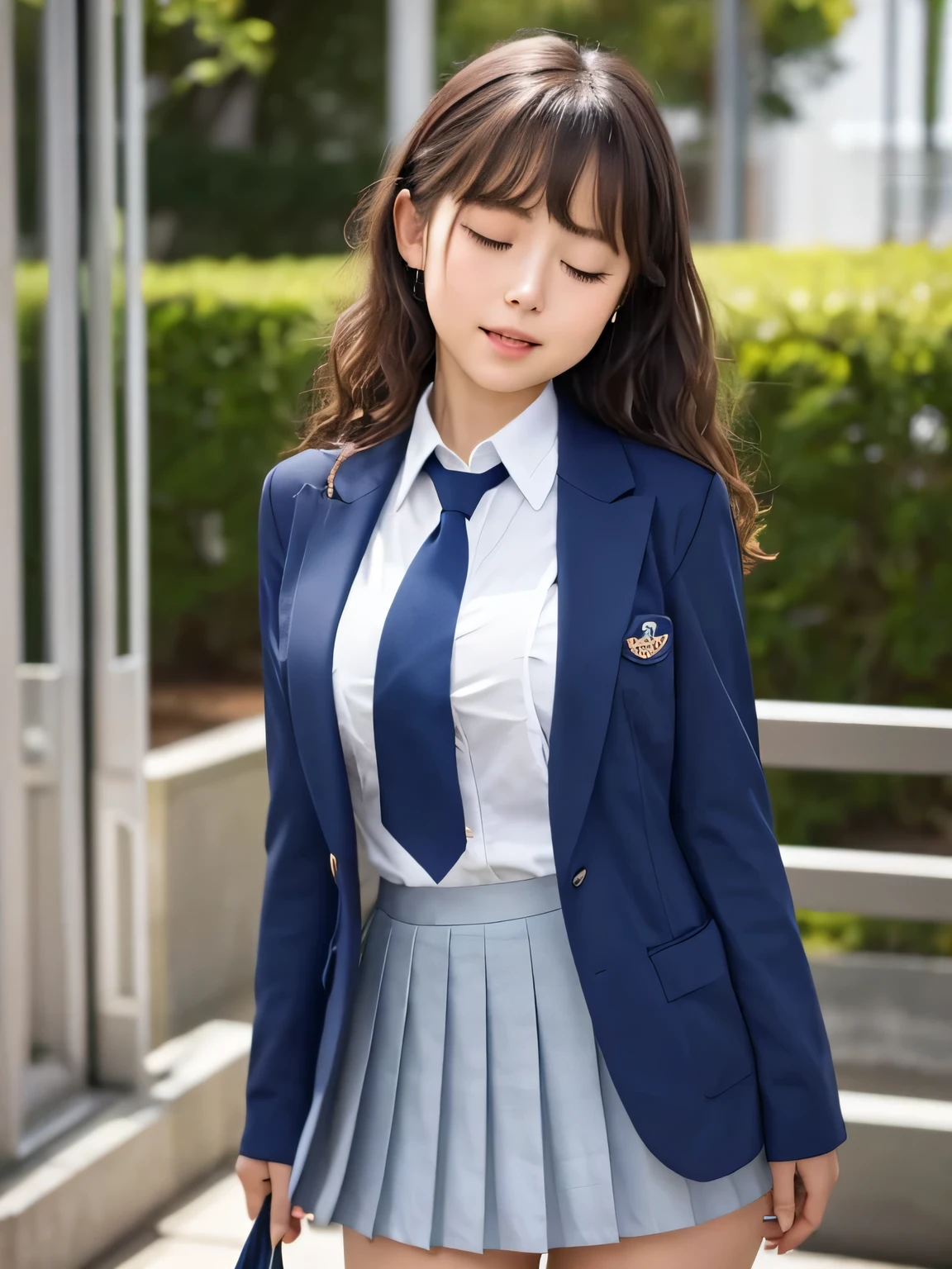8k, highest quality, real image, intricate details, Super detailed, ultra high resolution, depth field,(realistic,realistic:1.2), (closed my eyes:1.2), 1 Japanese girl, very beautiful 17 year old girl, Big eyes, beautiful breasts:1.5、highly detailed eyes:1.2), (beautiful breasts:1.1), (small breasts:1.3), wavy hair、curly hair、bangs, perfect skin, Fair skin, huge hips, thick thighs, thick legs, tight waist, light blush, alone, (tears flow:1.1), (Are crying:1.2), (School_uniform),(dark blue blazer), (white shirt、wear a tie), (gray pleated skirt), (sculpture installation :1.1)