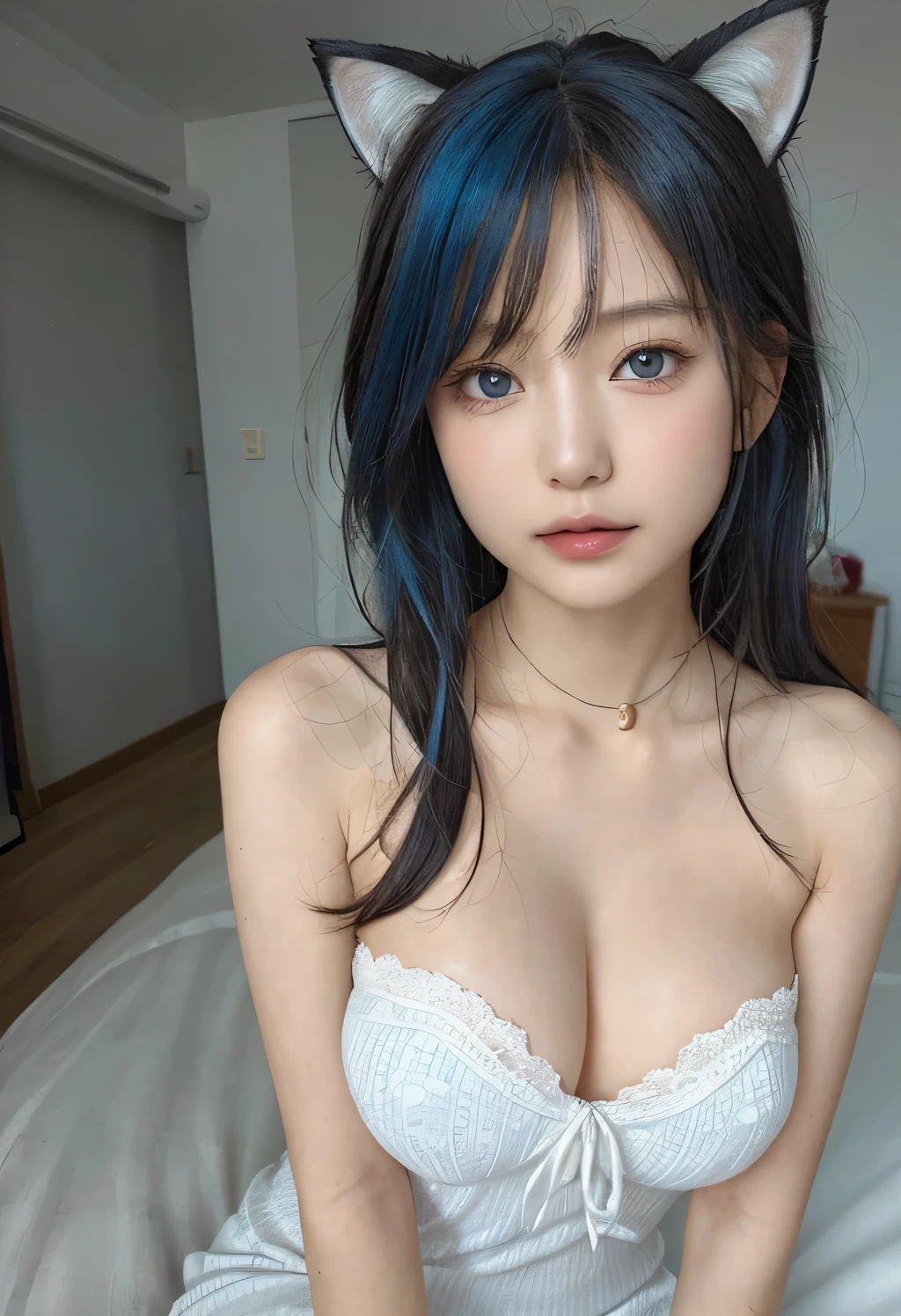 (ung girl), Anime girl with amazing face and blue eyes, 白衬衫和blue hair, Anime cute art style, Hestia, Anime visual of a cute girl, Water of Conosuba, Produced by Anime Painter Studio, anime grandma, Ayaka original god impact, 动漫the best女孩, cartoon animation, cute anime girl, Gaimoyedre, anime style 4k, Anime girl's eyes, blue eyes, (very beautiful girl), (the bestquality:1.4), (Super detailed), (masterpiece, the best_quality, Super detailed, 8k, ultra high definition, flawless:1.latin blue hair, blue hair,catwoman,, Cat ears, glowing pink eyes, Shy, obey, Blushed, wet oily skin, on the bed, Big deal胸, heart tattoo above, , Big deal腿粗, Beautiful hip curves, 巨Big deal, only, tight skin, scantily clad,White lace top, collar, facing the audience, Windows, bedroom, midnight, Sexy,,japanese goddess, cardigan shirt, korean girl, 美丽的Asian girl, V-shaped bust clothes, low cut,巨Big deal,Expose the upper half of the chest,not compact,下垂的Big deal胸,Gorgeous Chinese model, Beautiful young Korean woman, Japanese model, thick lips,duckbill,Asian girl, Beautiful young Korean woman, wearing shirt, Beautiful Korean woman, 坐on the bed, Looking to the future,巨Big deal,Big deal,up,portrait photo,super closeup,face camera,Take photos carefully,double tail,,European and American women,,Mature