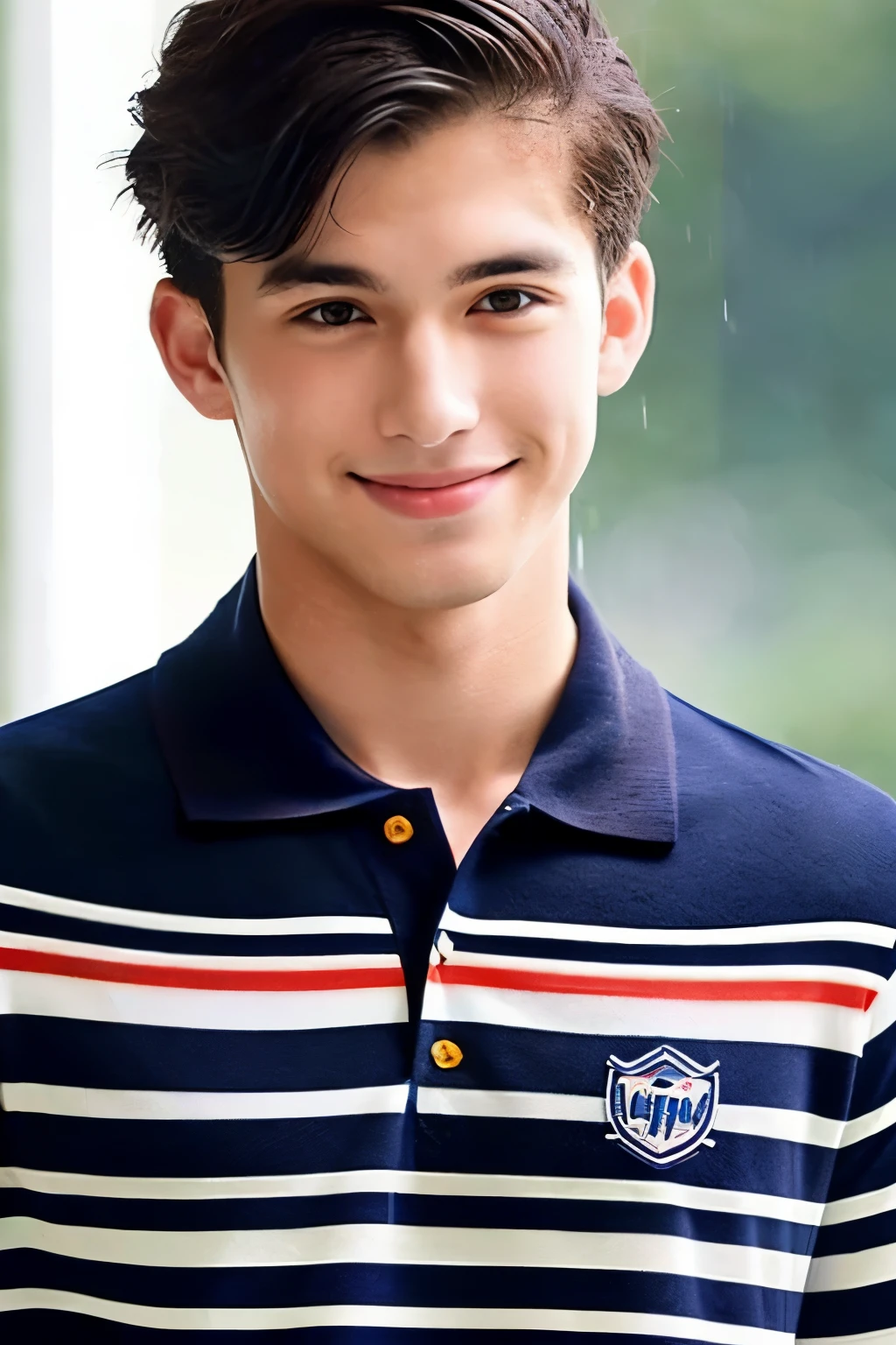 handsome man ,20-year-old , short hair hair, America , student,(((Please wear a navy polo shirt without stripes.....))), smile , Front view ,Pectoral muscle, broad shoulders ,athlete , Upper body (1), it's raining: 1.3, at the edge of a skyscraper: 1.2, soaking wet body: 1.1,