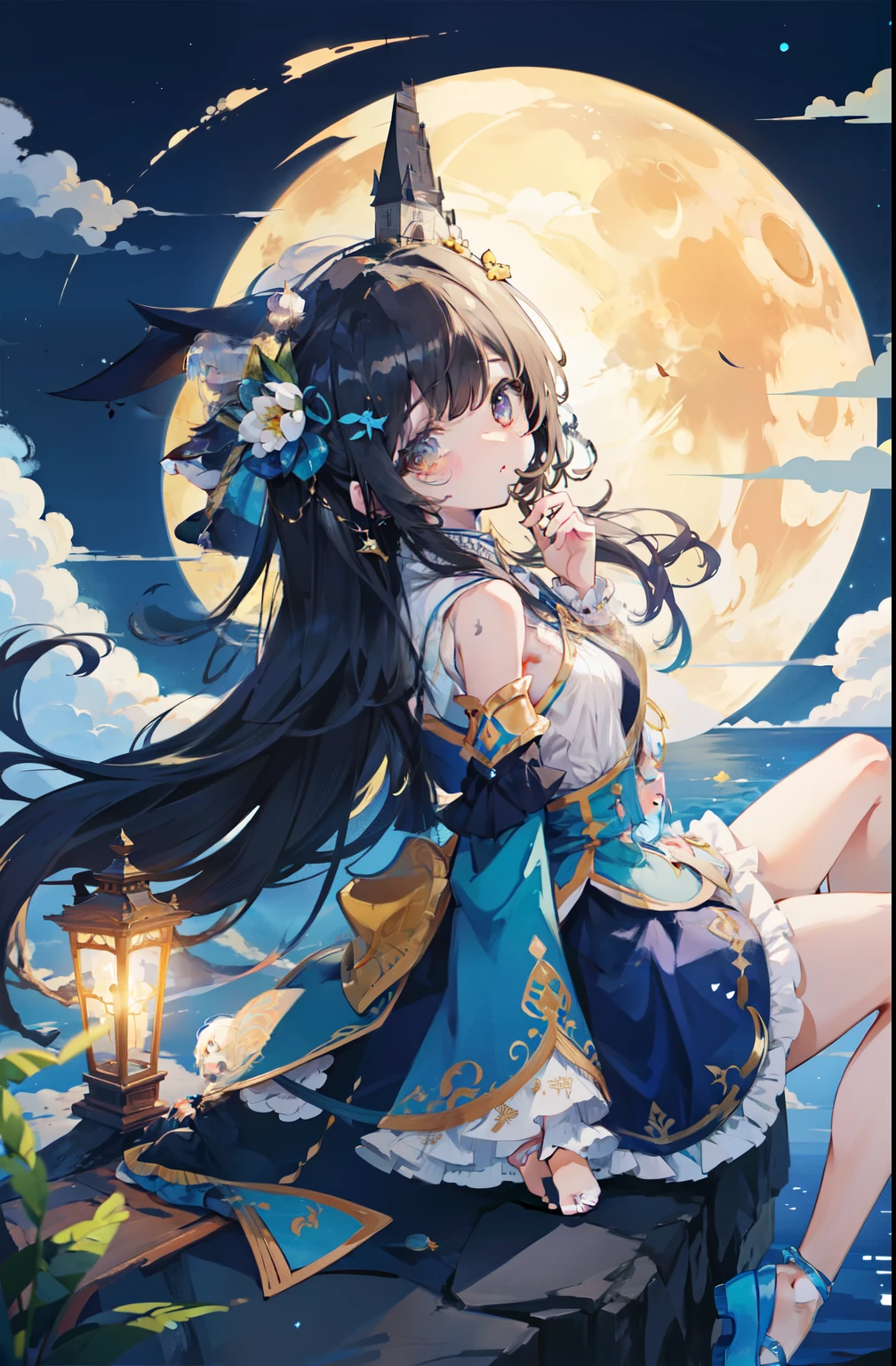 beautiful moonlit night. girl sitting on the edge of a cliff、clouds at my feet、Rear view、star-studded night sky. meteor、彼女は美しい顔とbright colorsの輝く目をしています. She is wearing a costume with a detailed and beautiful design.. Detail view. bright colors. High resolution. fantasy、fantasy、wizard、witch's house、look up at the moon