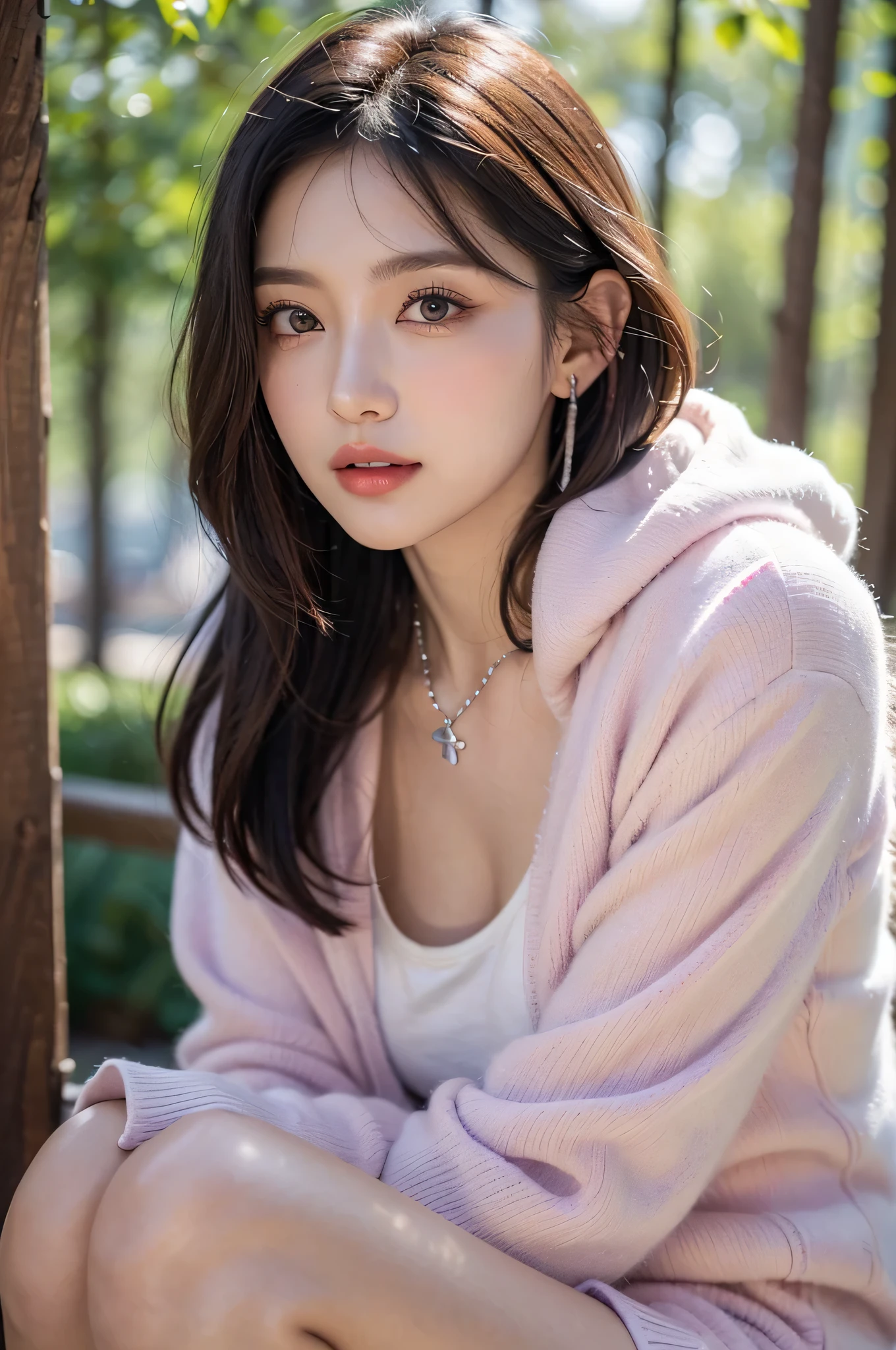 ((masterpiece)), ((highest quality)), (super detailed), ((cute)), cute, (Lovely), ((sexy)), (device), ((very detailed)), 4k, (8k), highest quality, (beautiful), figure, dynamic angle, in the middle, fold your arms, forest, evening, Beautiful woman, alone, warrior, (cold weather gear:1.3), beautiful blue hair, beautiful brown eyes, ((beautiful eyes)), long hair, white teeth, lip, hair ornaments, earrings, necklace, blush, Lens flare, shiny,bob cut hair,