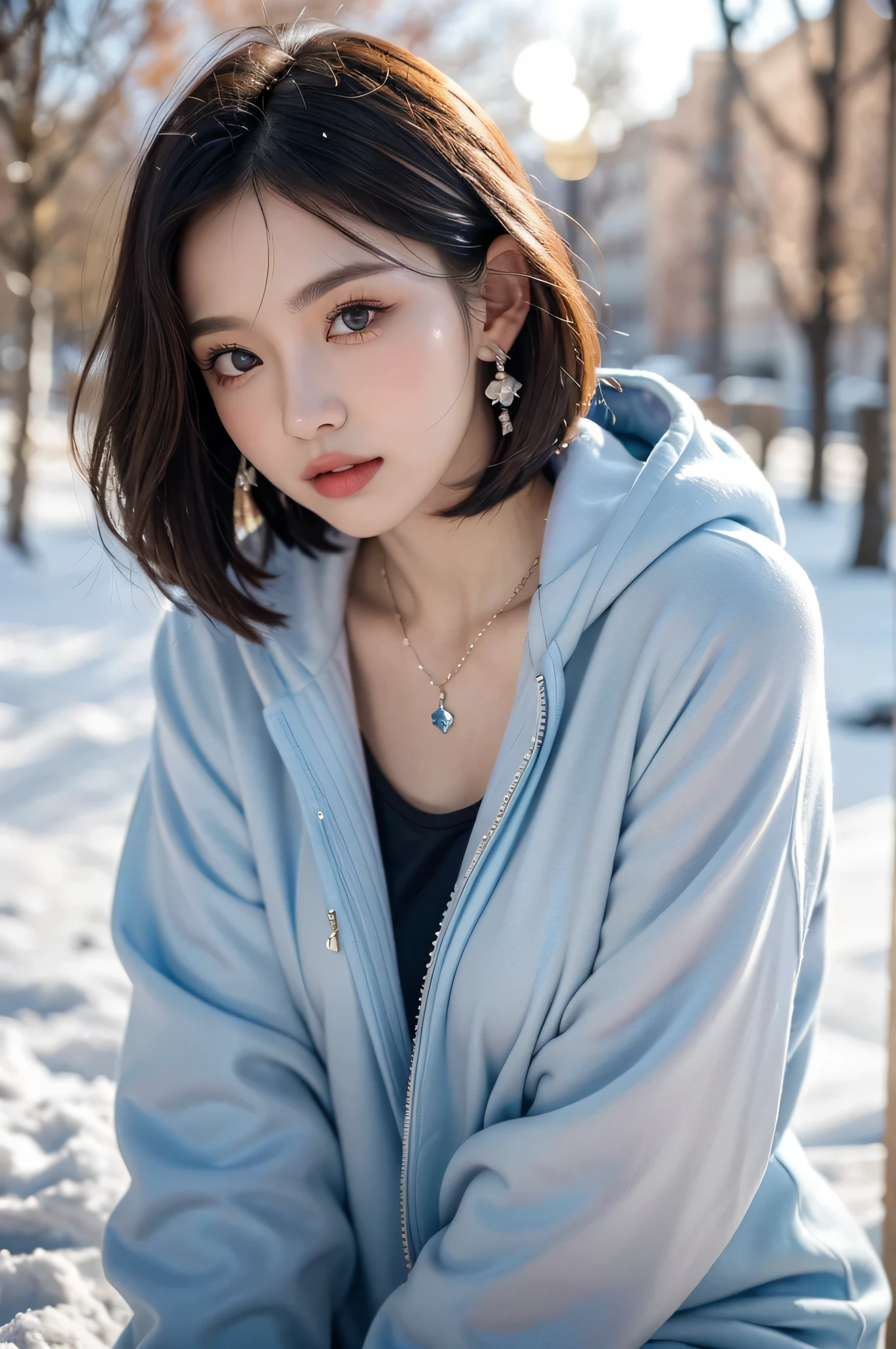 ((masterpiece)), ((highest quality)), (super detailed), ((cute)), cute, (Lovely), ((sexy)), (device), ((very detailed)), 4k, (8k), highest quality, (beautiful), figure, dynamic angle, in the middle, fold your arms, forest, evening, Beautiful woman, alone, warrior, (cold weather gear:1.3), beautiful blue hair, beautiful brown eyes, ((beautiful eyes)), long hair, white teeth, lip, hair ornaments, earrings, necklace, blush, Lens flare, shiny,bob cut hair,