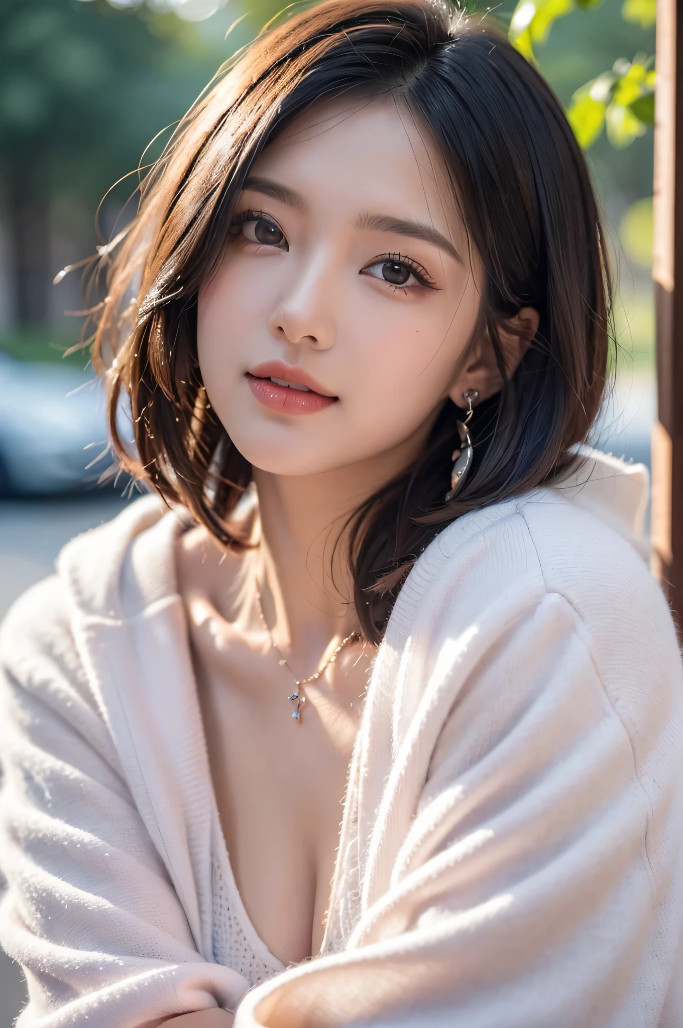 ((masterpiece)), ((highest quality)), (super detailed), ((cute)), cute, (Lovely), ((sexy)), (device), ((very detailed)), 4k, (8k), highest quality, (beautiful), figure, dynamic angle, in the middle, fold your arms, forest, evening, Beautiful woman, alone, warrior, (cold weather gear:1.3), beautiful blue hair, beautiful brown eyes, ((beautiful eyes)), long hair, white teeth, lip, hair ornaments, earrings, necklace, blush, Lens flare, shiny,bob cut hair,