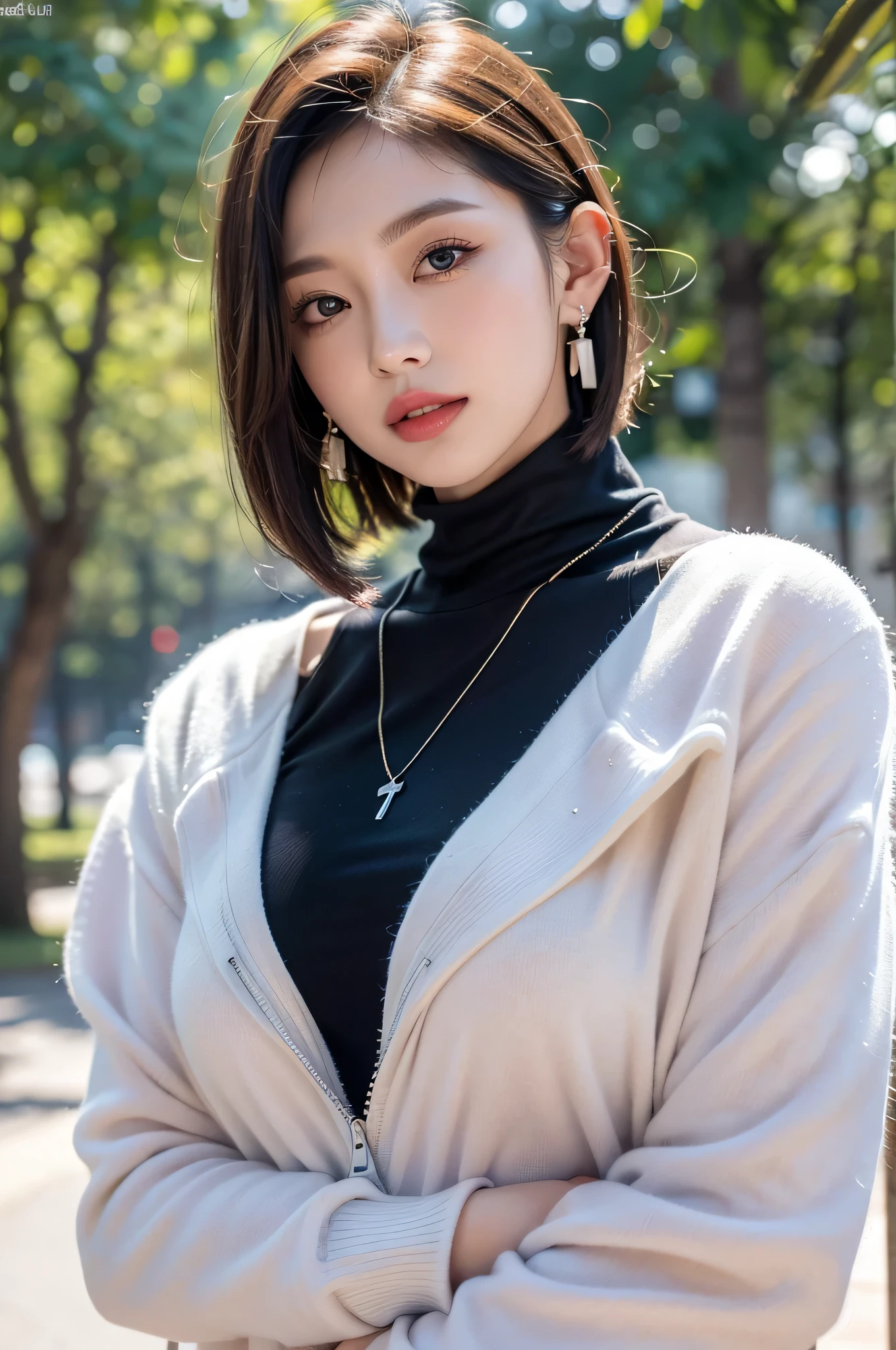 ((masterpiece)), ((highest quality)), (super detailed), ((cute)), cute, (Lovely), ((sexy)), (device), ((very detailed)), 4k, (8k), highest quality, (beautiful), figure, dynamic angle, in the middle, fold your arms, forest, evening, Beautiful woman, alone, warrior, (cold weather gear:1.3), beautiful blue hair, beautiful brown eyes, ((beautiful eyes)), long hair, white teeth, lip, hair ornaments, earrings, necklace, blush, Lens flare, shiny,bob cut hair,