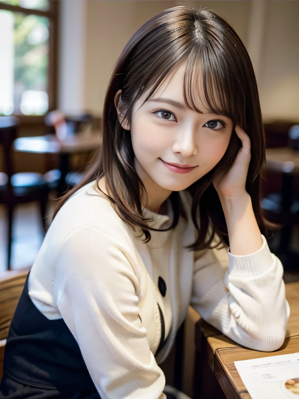 en 8K,Mejor calidad:1.4, Super high resolution:1.5, (fotorrealista:1.4),masterpiece:1.2,(de primera calidad:1.4)、 foto cruda、Chicas japonesas con ropa casual.、mirando a los espectadores、Posar con una sonrisa、muy detallado、movie lighting、nada、El ultra detallado、texturas naturales de la piel:1.3, ojos y detalles de la cara realistas:1.7、Café 、nogizaka, cara linda、30 years:1.2、piel texturizada:1.2, hermosa cara sonriente, cafe detallado、 (shy smile:1.2)、pecho mediano、hermosos ojos finamente detallados、(Sweaters:1.1)、FOTO DE CUERPO COMPLETO、pantimedias negras、hojas de colores、Engraving installation、una minifalda:1.2、piernas de belleza