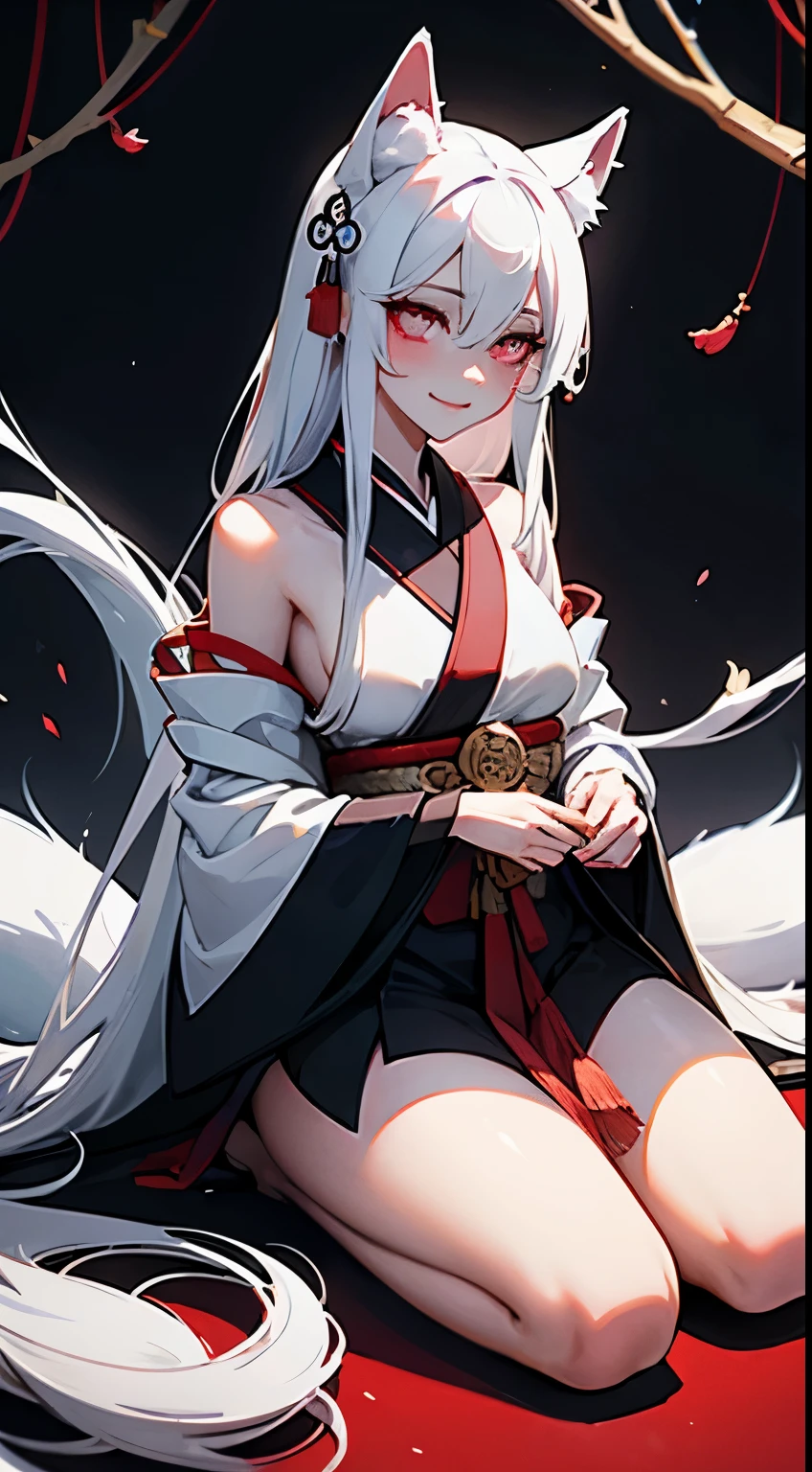 Drawing of a with white hair sitting on a branch, ethereal , Kyuubi three-tailed , Onmyoji Detailed Art, Kyuubi, fox ears,Beautiful artistic illustration, mythical creatures, Beautiful digital art work, Beautiful digital illustrations, Water often, 灵感来自mythical creatures Wildnet, Digital art on pixiv, Bright light, high contrast, horror theme, dark atmosphere,seductive,naughty smile,shy,blush,long white hair,sit on the floor,Bright Eyes,red pupils,
