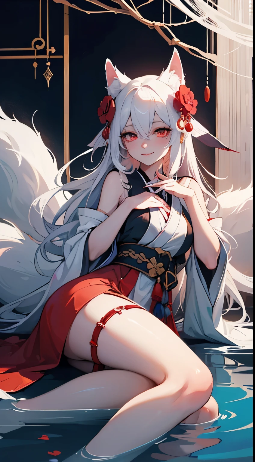 Drawing of a  with white hair sitting on a branch, ethereal , Kyuubi  three-tailed , Onmyoji Detailed Art, Kyuubi, fox ears，Beautiful artistic illustration, mythical creatures, Beautiful digital art work, Beautiful digital illustrations, Water often, 灵感来自mythical creatures Wildnet, Digital art on pixiv, Bright light, high contrast, horror theme, dark atmosphere，seductive，naughty smile，shy，blush，long white hair，sit on the floor，Bright Eyes，red pupils，