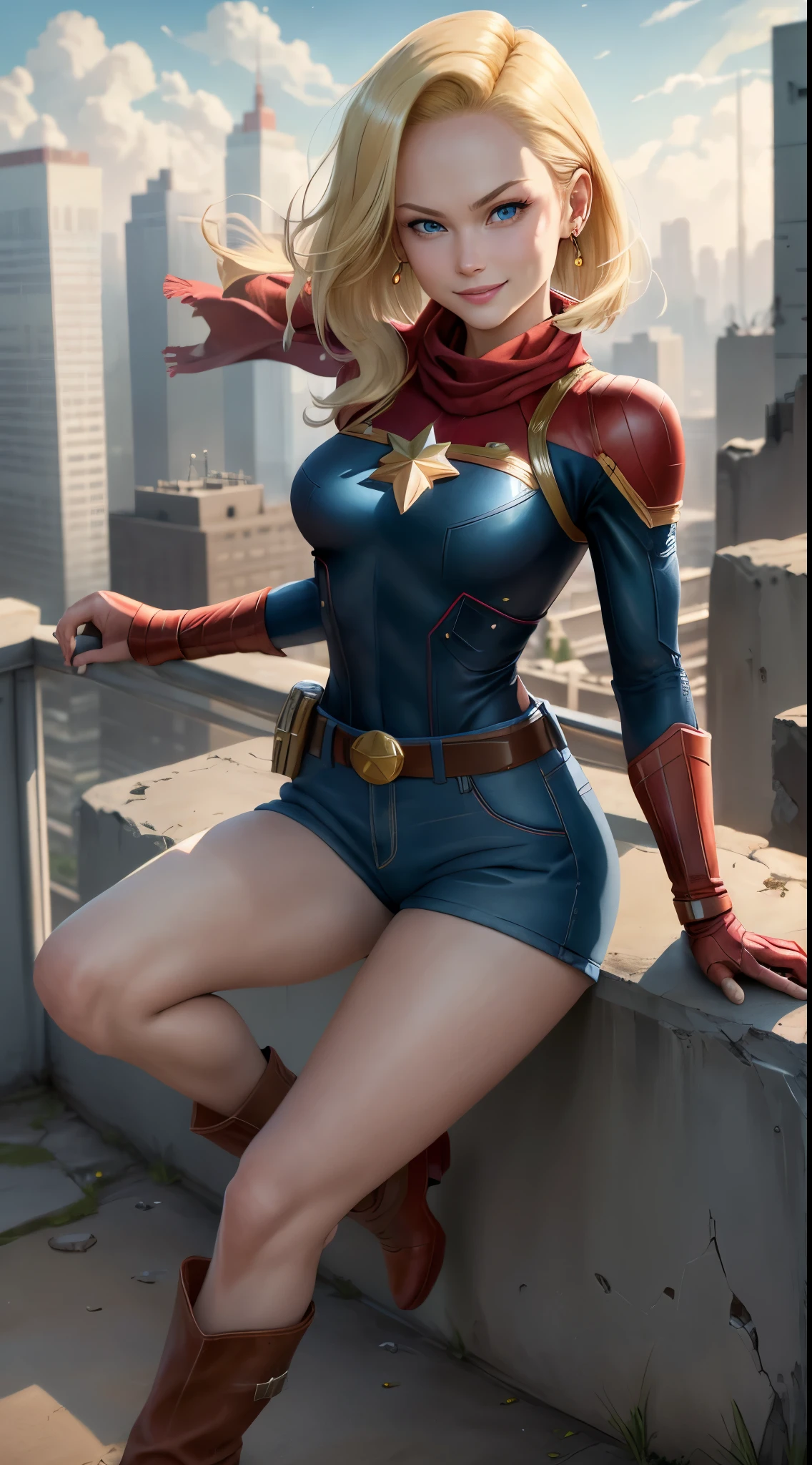 best quality, highres, and18, 1girl, android 18, solo girl, 1girl, blonde hair, blue eyes, captain marvel, red clothe belt, red boots, blue and red bodysuit, long pilot scarf, blue long sleeve shirt, blue pants, earrings, red gloves, medium breasts, cowboy shot, city view, straight-on, (weather: windy), sexy smile, combat stance, battle ruins,