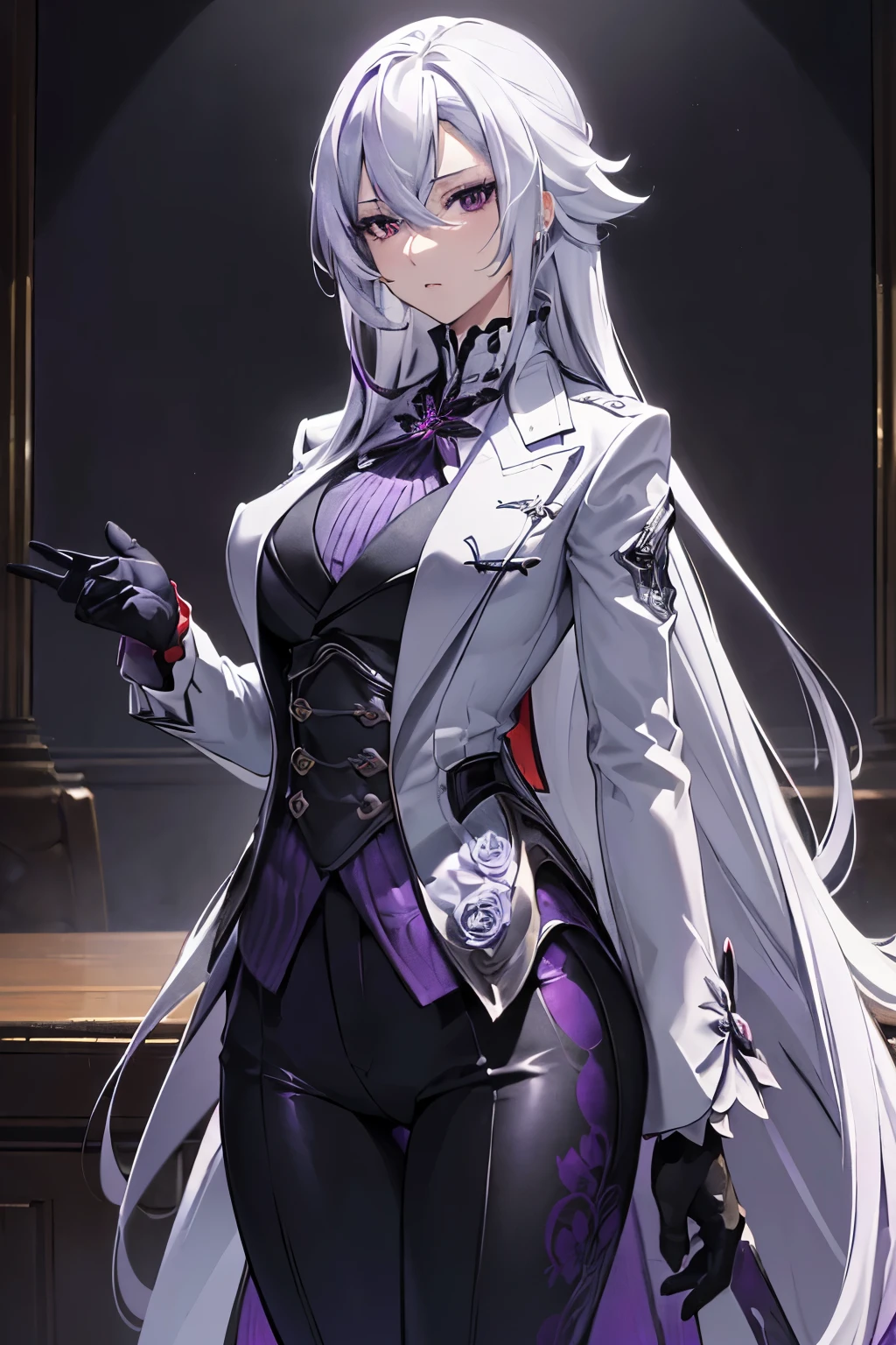 (best quality:1.3), (masterpiece:1.3), (illustration:1.3), (ultra-detailed:1.3), 1girl, solo, ((long hair, white hair, purple eye, purple flower pattern)), large breasts, black pants, suit, tailcoat, serious expression, tall, mature, elegant, black gloves, one hand on hip,