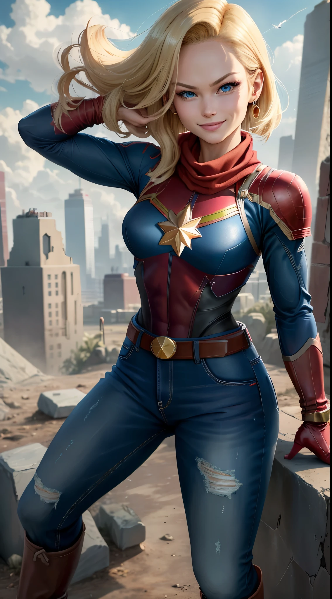 best quality, highres, and18, 1girl, android 18, solo girl, 1girl, blonde hair, blue eyes, captain marvel, red clothe belt, red boots, blue and red bodysuit, long pilot scarf, blue long sleeve shirt, blue pants, earrings, red gloves, medium breasts, cowboy shot, city view, straight-on, (weather: windy), sexy smile, combat stance, battle ruins,