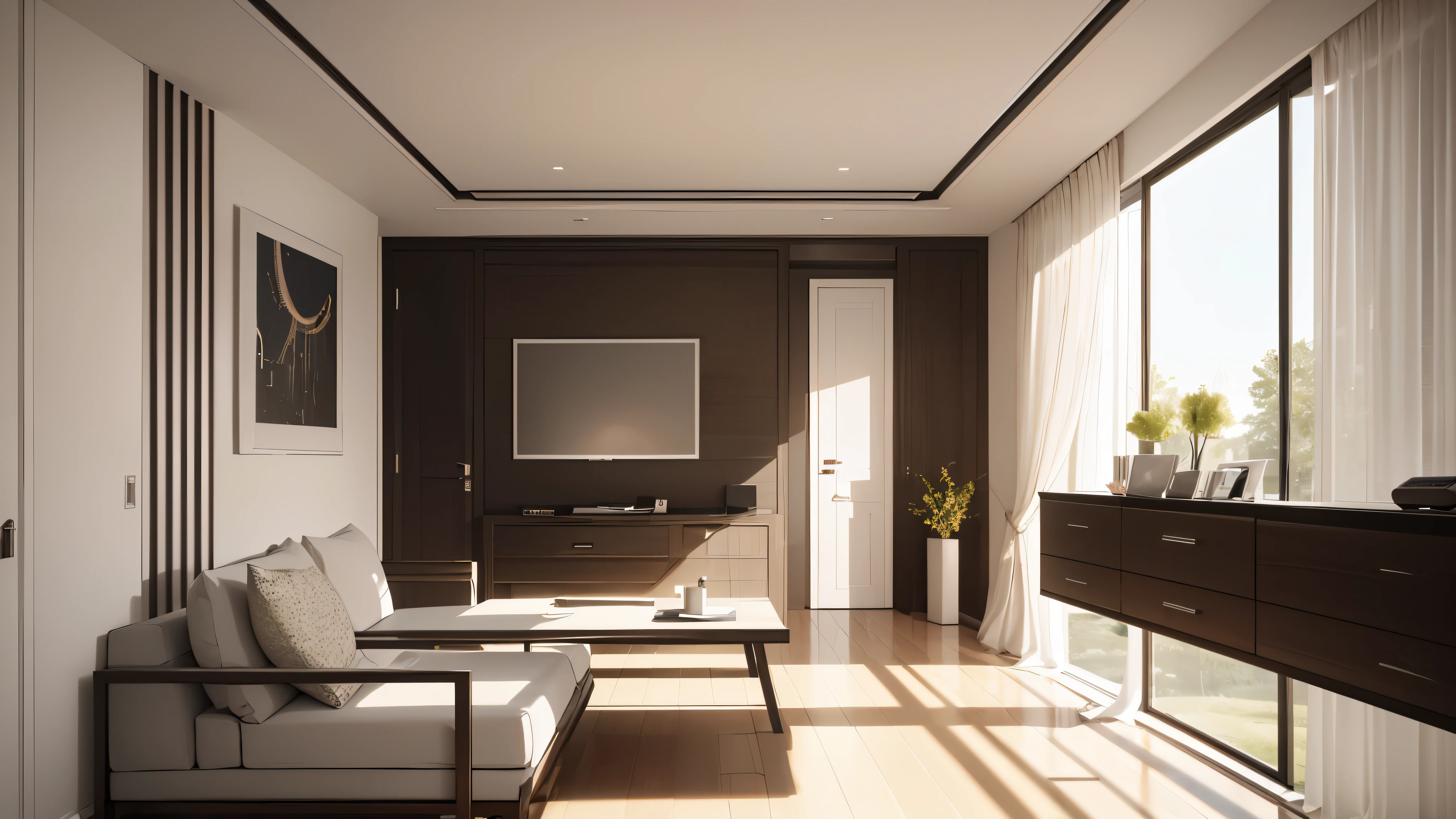 you are a famous interior designer、I was asked to create a 3D image of a large modern room.。. Create a harmonious environment with modern and minimalist furniture. Including garden interior.
