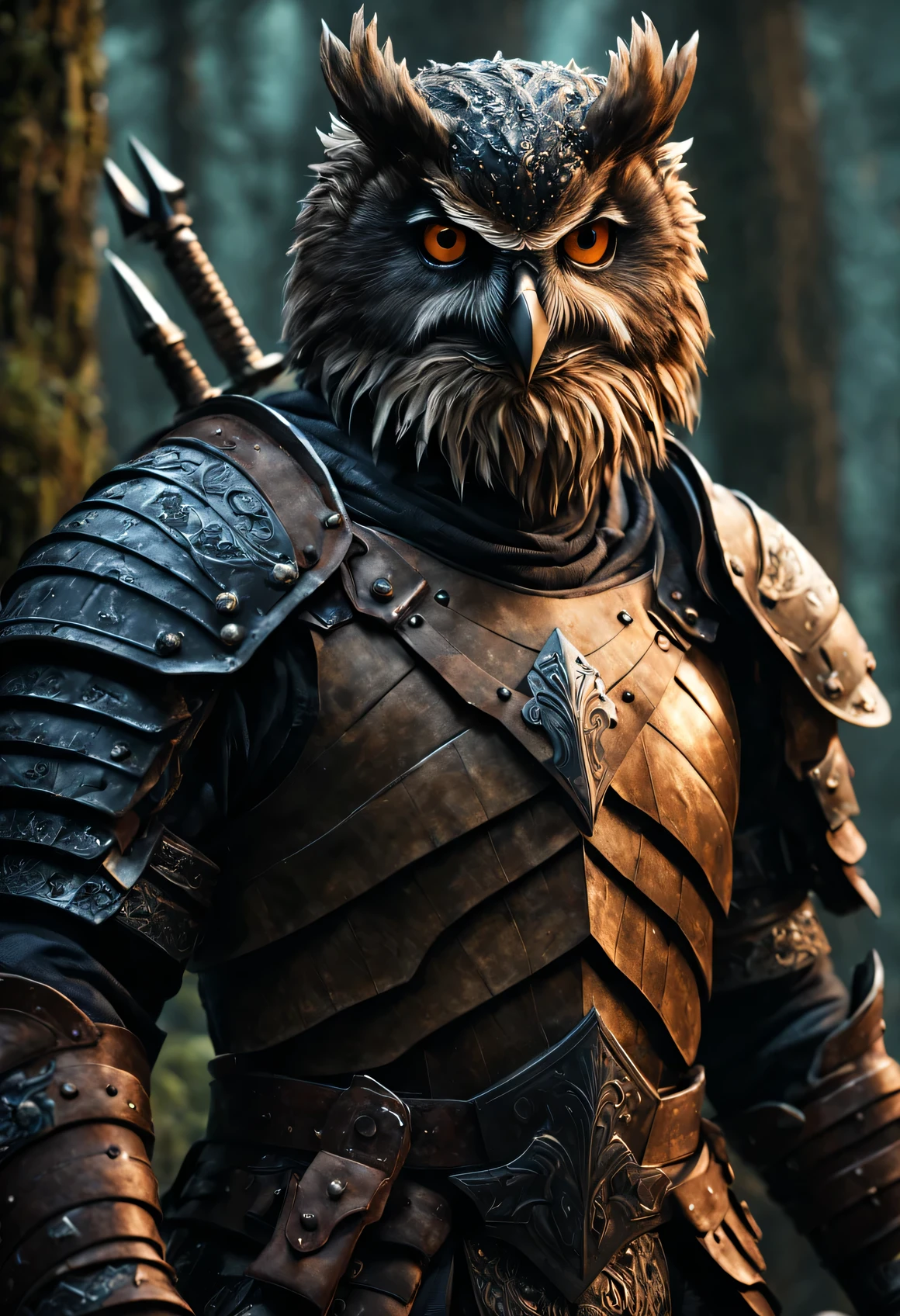 (best quality,4k,highres,masterpiece:1.2),ultra-detailed,(realistic,photorealistic:1.37),human warrior, splinted armor:1.1, glowing sword:1.1, high position, riding, owlbear, strong, fierce, intense gaze, determined expression, battle-ready, majestic, powerful, ancient forest background, dramatic lighting, immersive textures, intricate details, captivating composition, dynamic pose, vibrant colors