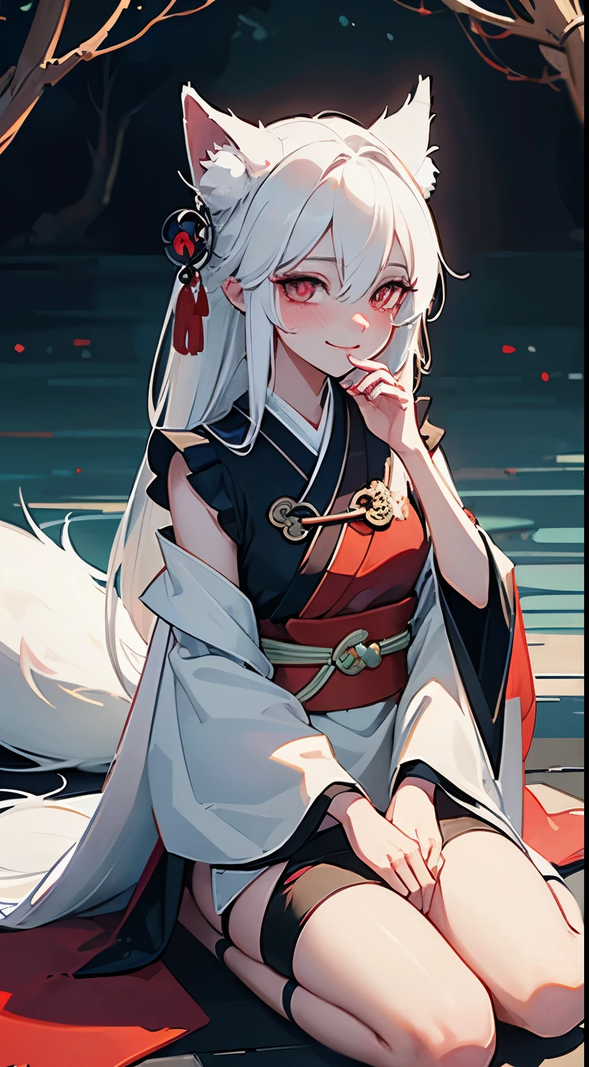 Drawing of a with white hair sitting on a branch, ethereal , Kyuubi three-tailed , Onmyoji Detailed Art, Kyuubi, fox ears,Beautiful artistic illustration, mythical creatures, Beautiful digital art work, Beautiful digital illustrations, Water often, 灵感来自mythical creatures Wildnet, Digital art on pixiv, Bright light, high contrast, horror theme, dark atmosphere,seductive,naughty smile,shy,blush,long white hair,sit on the floor,Bright Eyes,red pupils,