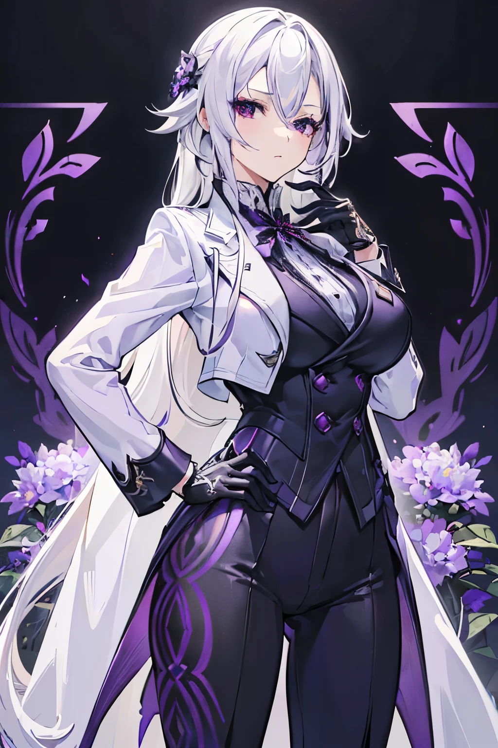 (best quality:1.3), (masterpiece:1.3), (illustration:1.3), (ultra-detailed:1.3), 1girl, solo, ((long hair, white hair, purple eye, purple flower pattern)), large breasts, black pants, suit, tailcoat, serious expression, tall, mature, elegant, black gloves, one hand on hip,