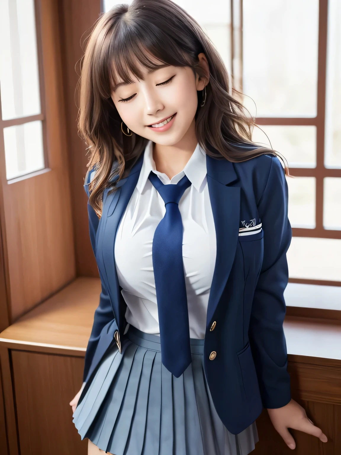 8k, highest quality, real image, intricate details, Super detailed, ultra high resolution, depth field,(realistic,realistic:1.2), (black eye), (closed my eyes:1.2), (open mouth:1.1) 1 Japanese female, very beautiful 17 year old girl, Big eyes, beautiful breasts:1.5、highly detailed eyes:1.2), (beautiful breasts:1.1), (small breasts:1.5), wavy hair、curly hair、bangs, perfect skin, Fair skin, huge hips, thick thighs, thick legs, cleavage, tight waist, light blush, alone, looking at the viewer, (smile:1.4), ((School_uniform),(dark blue blazer), (white shirt、wear a tie), (gray pleated skirt), (sculpture installation :1.1)