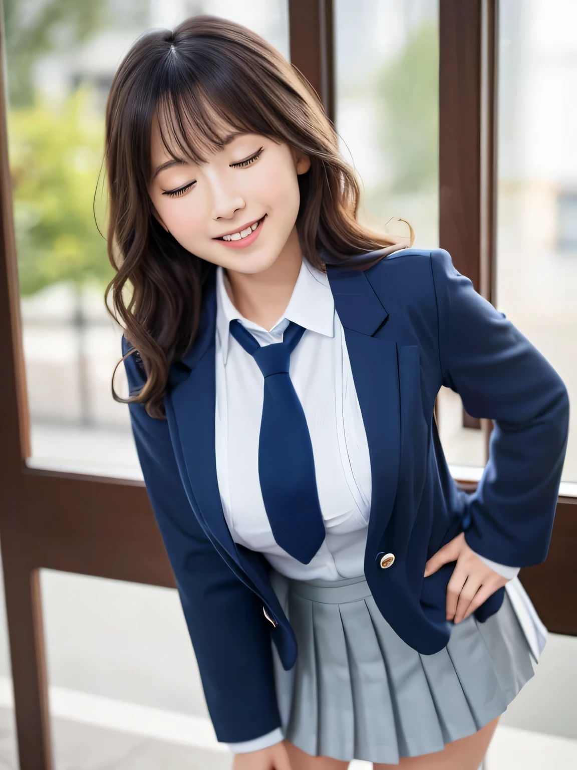8k, highest quality, real image, intricate details, Super detailed, ultra high resolution, depth field,(realistic,realistic:1.2), (black eye), (closed my eyes:1.2), (open mouth:1.1) 1 Japanese female, very beautiful 17 year old girl, Big eyes, beautiful breasts:1.5、highly detailed eyes:1.2), (beautiful breasts:1.1), (small breasts:1.5), wavy hair、curly hair、bangs, perfect skin, Fair skin, huge hips, thick thighs, thick legs, cleavage, tight waist, light blush, alone, looking at the viewer, (smile:1.4), ((School_uniform),(dark blue blazer), (white shirt、wear a tie), (gray pleated skirt), (sculpture installation :1.1)
