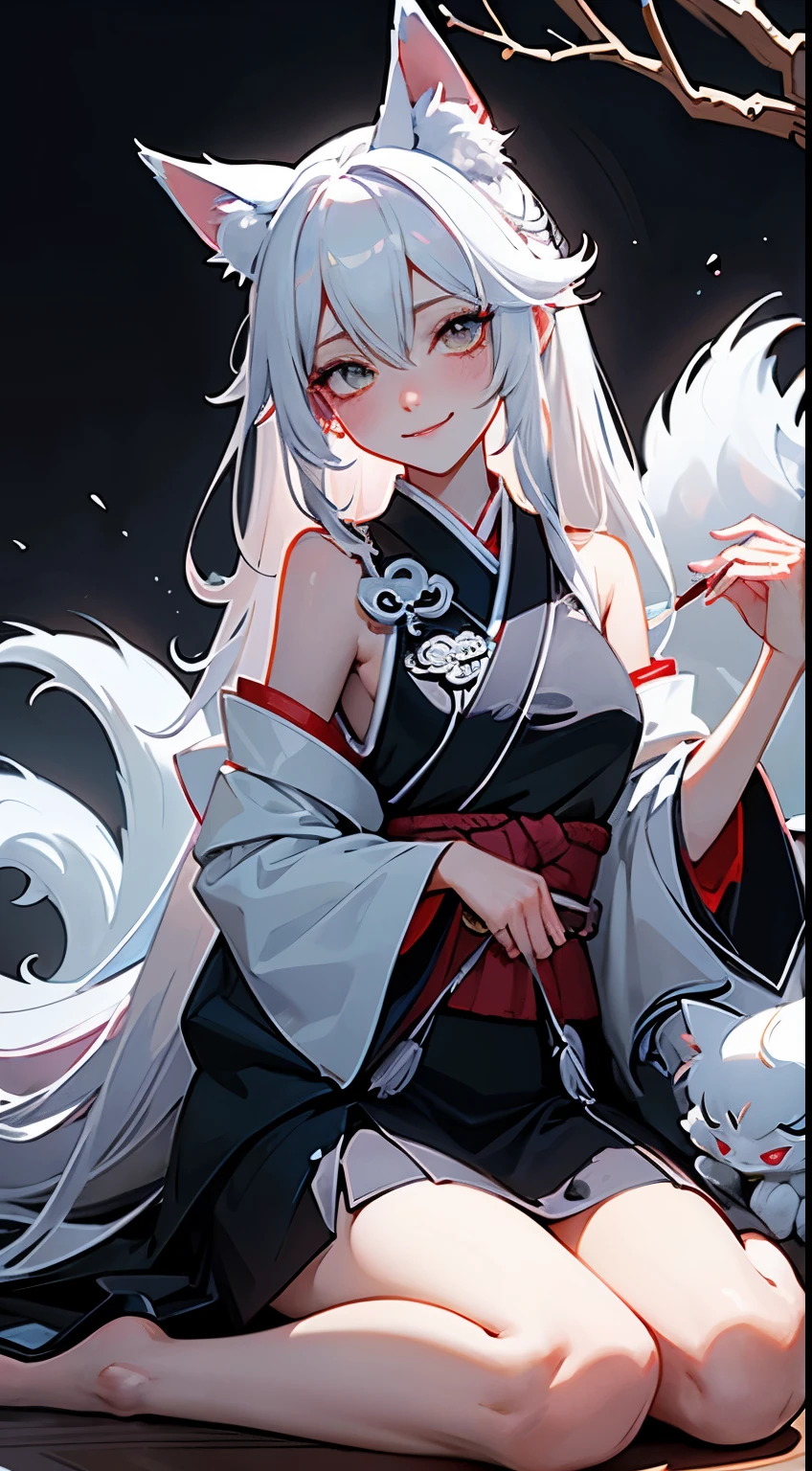 Drawing of a with white hair sitting on a branch, ethereal , Kyuubi three-tailed , Onmyoji Detailed Art, Kyuubi, fox ears,Beautiful artistic illustration, mythical creatures, Beautiful digital art work, Beautiful digital illustrations, Water often, 灵感来自mythical creatures Wildnet, Digital art on pixiv, Bright light, high contrast, horror theme, dark atmosphere,seductive,naughty smile,shy,blush,long white hair,sit on the floor,Bright Eyes,