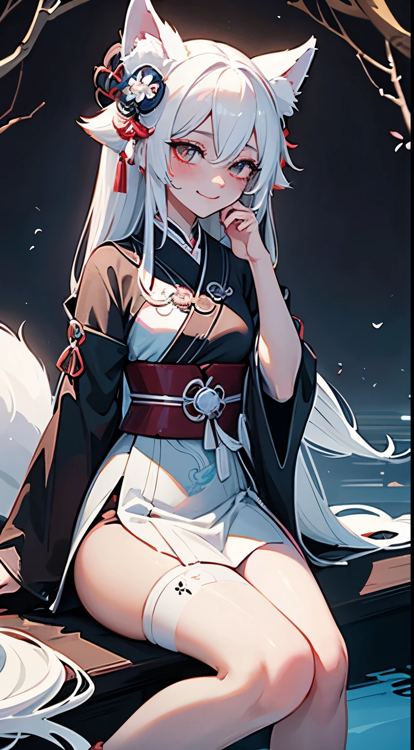 Drawing of a with white hair sitting on a branch, ethereal , Kyuubi three-tailed , Onmyoji Detailed Art, Kyuubi, fox ears,Beautiful artistic illustration, mythical creatures, Beautiful digital art work, Beautiful digital illustrations, Water often, 灵感来自mythical creatures Wildnet, Digital art on pixiv, Bright light, high contrast, horror theme, dark atmosphere,seductive,naughty smile,shy,blush,long white hair,sit on the floor,Bright Eyes,