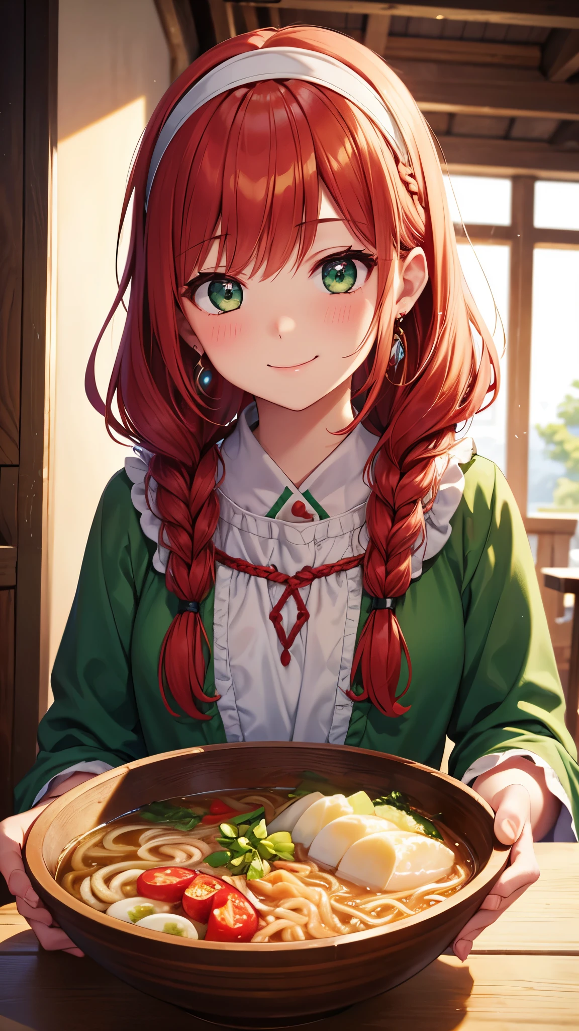 young girl, Green Eyes, smile, Old Russian folk peasant dress, bowl of ramen, tavern background, red hair, braid, curly hair, long hair, blush, smiley, happy, hair tie, white hairband, earrings, crystal earrings, Romanticism, first-person view, pov, Eye-Level Shot, god rays, glowing light, reflection light, backlighting, Masterpiece, high quality, anatomically correct, high details