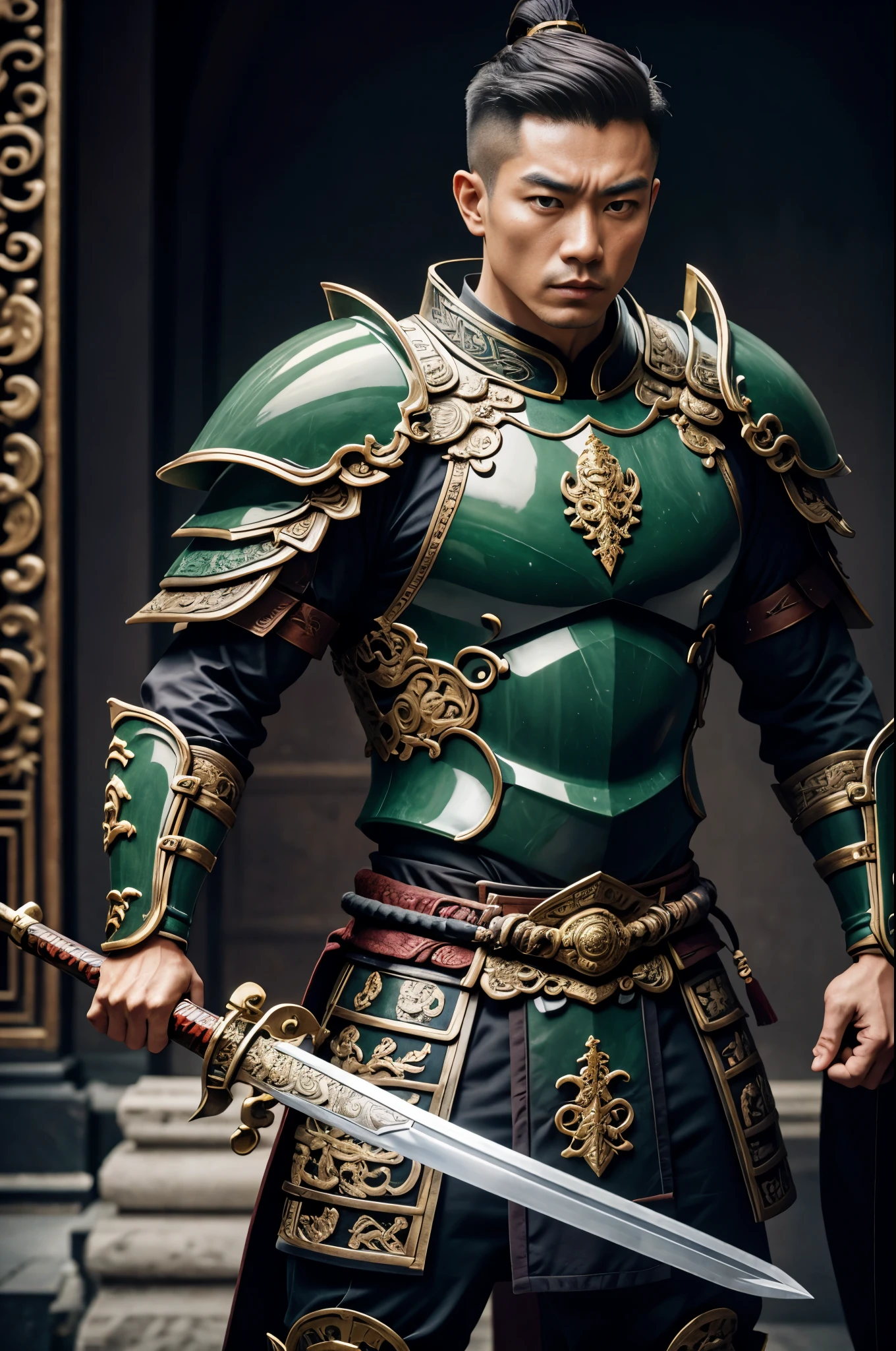 Photo (Chinese men), Wearing jade knight armor, (holding sword), muscular, actual, masterpiece, intricate details, Detailed background, depth of field