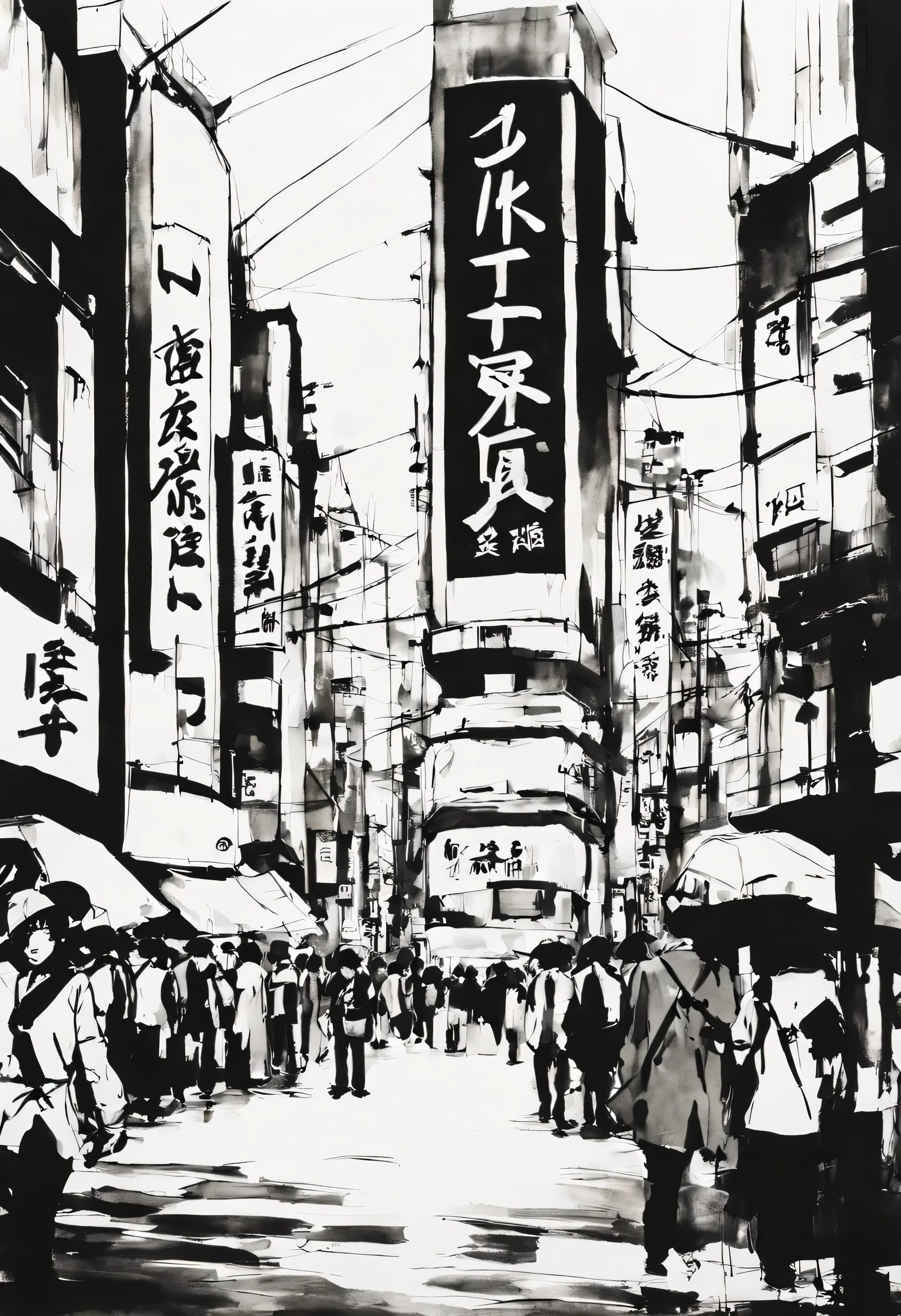 Expressing the cityscape of Shibuya, Tokyo with ink paintings,Colors are white and black only