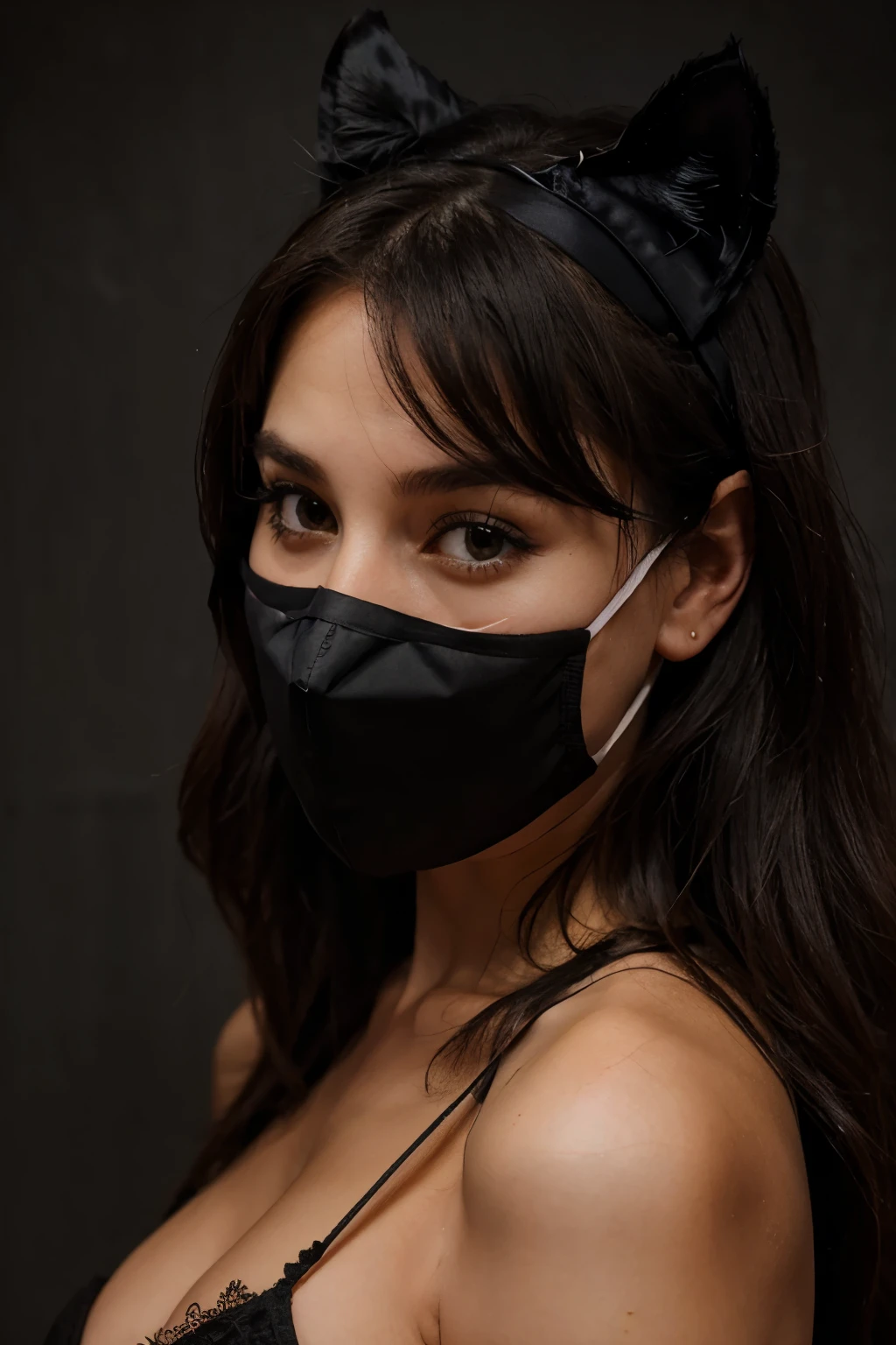 Realistic high resolution image of 18yo boy transformed to girl with perfect girl body, focused on face, high details, very pale white skin,oiled skin, smiling eyes, (( black silk shirt))),((( black face mask))), cute, medium hight, one person only, curvey, girl perfect arms,middle size woman breasts, girl beautiful face, middle forehead,have wide almond-shaped eyes, long smooth brown hair, hair up, full makeup, eyelashes, heavy makeup, captivating facial expressions, with straight or slightly curved noses and a variety of hair textures and colors, prominent cheekbones and a range of jawline shapes, small waist, shaved skin,daylight, lighting from both sides, looking at viewer