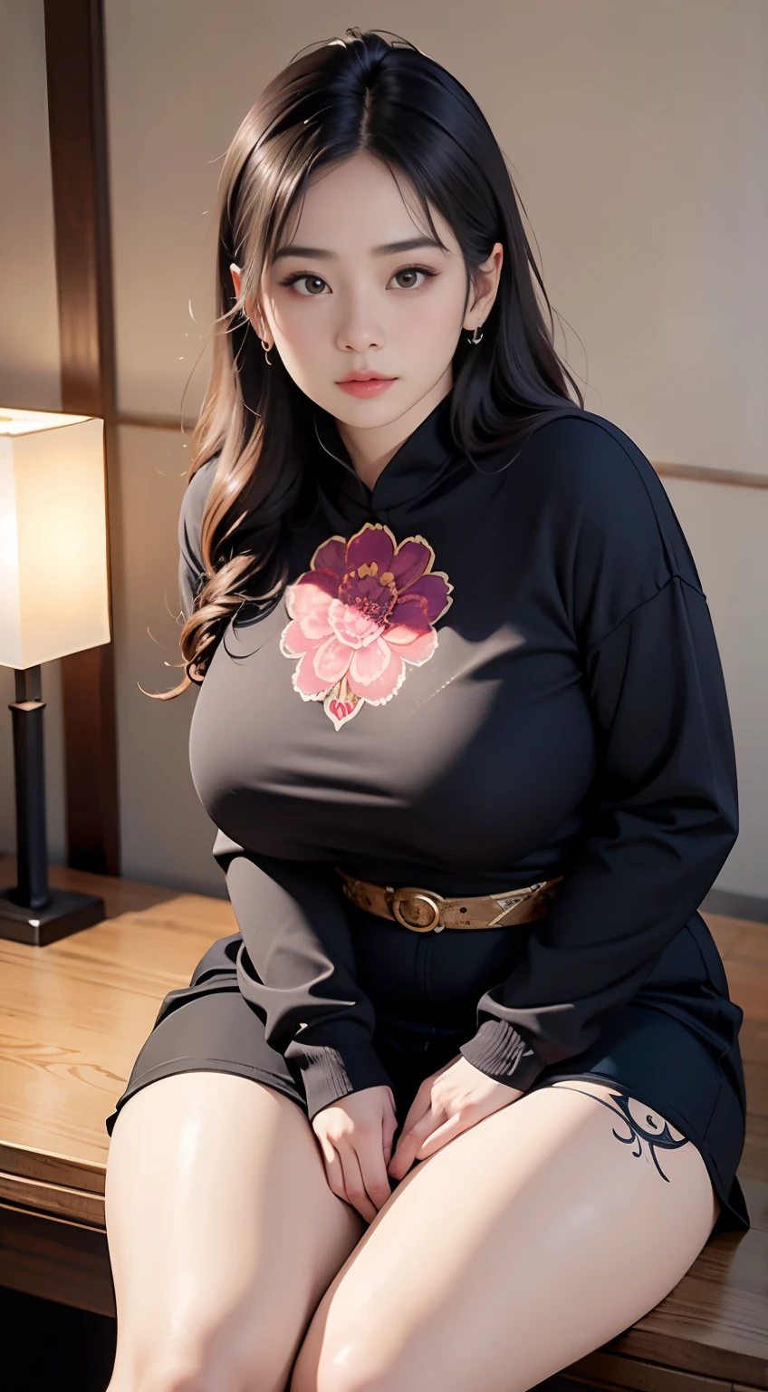 there is a woman sitting down with a longest brown hair, bbwchan, thicc, brown hijab outfit, brown hairstyle model, korean girl, korean woman, wearing brown robe, full length shot, alluring plus sized model, japanese goddess, clothed in hooded, voluptuous and arousing, portrait shot, curvy model, voluptuous body, wonderful, nene tanaka body , bbwchan, The overall atmosphere is smooth , haunting illustrations, extremely high-resolution details, photographic, realism pushed to extreme, fine texture, 4k, ultra-detailed, high quality, high contrast, red sneakers , cold atmosphere ,, cold atmosphere ,, ((Detailed texture of tattooed skin)), tattoo round breasts, irezumi tattoo style, tattoo on breasts, tttattoo, showing her thigh , tattoo on thigh, a close up of a woman with tattoos on her body, inked, tattooed body, fully tattooed body, tattooed, full-body tattoos, full - body tattoos, , full body tattoo, with tattoos, , tattoos, tattoos all over the skin, tattoos and piercings, ((Neka: 0.45)) LoRA, {{大哥的纹身女人 Iremuzi tattoo style v1.0: 0.91}},, ((BohoAI v1.0 : 0.45))