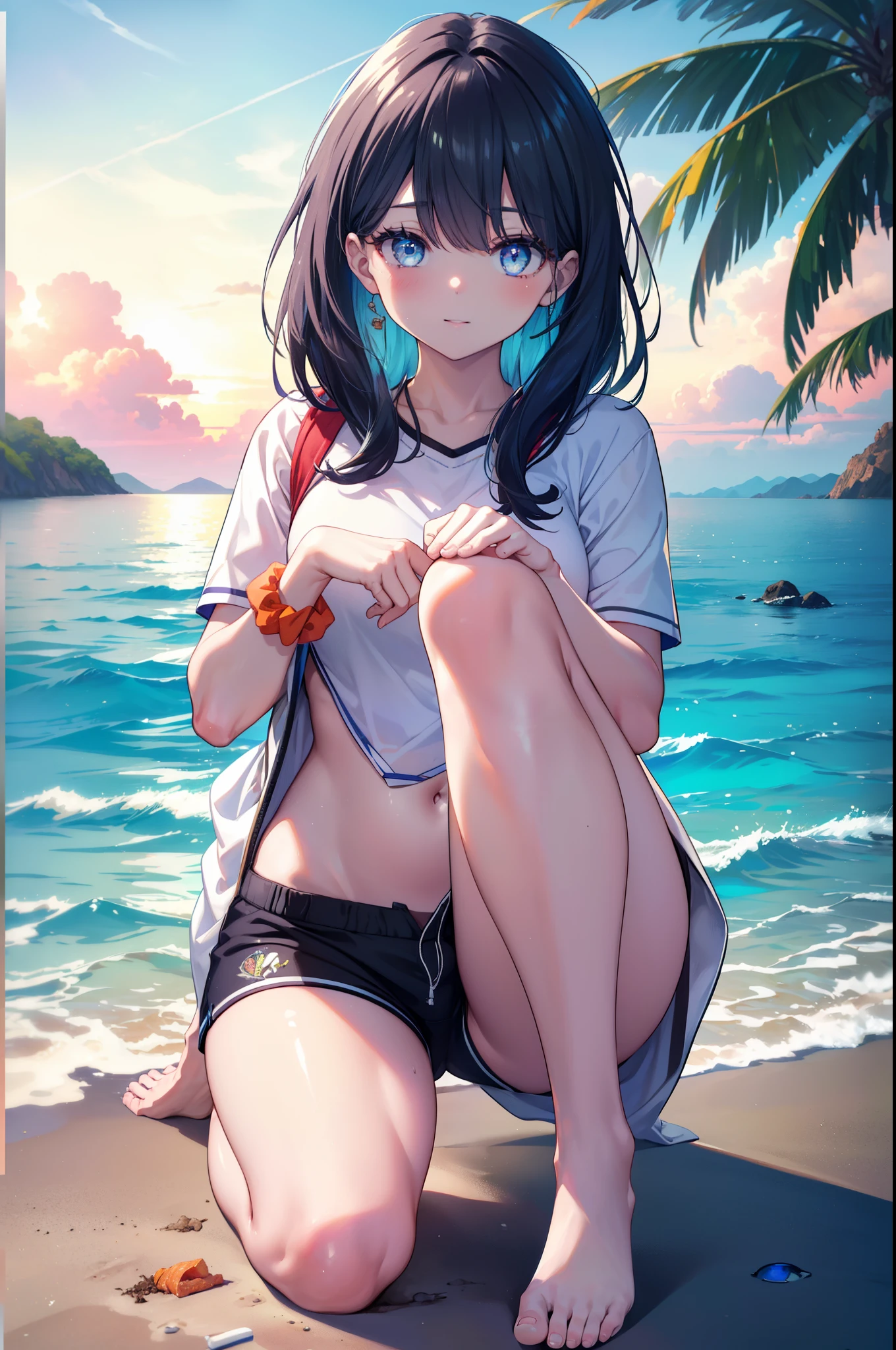 It's a good body, rikka takarada, black hair, blue eyes, long hair, orange Scrunchie, Scrunchie, wrist Scrunchie,Red swimsuit,shorts,blush,smile,barefoot,thighs,ビーチのsandy beachを散歩しながら,hardworking day々々sought comfort from the burden of. Sky blue hair waving in the breeze,
break outdoors, sandy beach,seaside,Destroying a palm tree (masterpiece:1.2), highest quality, High resolution, unity 8k wallpaper, (figure:0.8), (detailed and beautiful eyes:1.6), highly detailed face, perfect lighting, Very detailed CG, (perfect hands, perfect anatomy),