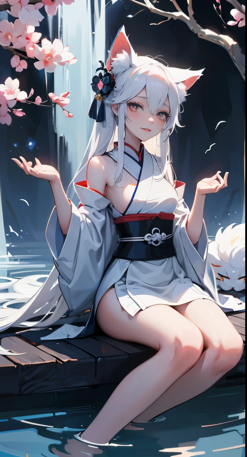 Drawing of a with white hair sitting on a branch, ethereal , Kyuubi three-tailed , Onmyoji Detailed Art, Kyuubi, fox ears,Beautiful artistic illustration, mythical creatures, Beautiful digital art work, Beautiful digital illustrations, Water often, 灵感来自mythical creatures Wildnet, Digital art on pixiv, Bright light, high contrast, horror theme, dark atmosphere,seductive,naughty smile,shy,blush,long white hair,sit on the floor,Bright Eyes,