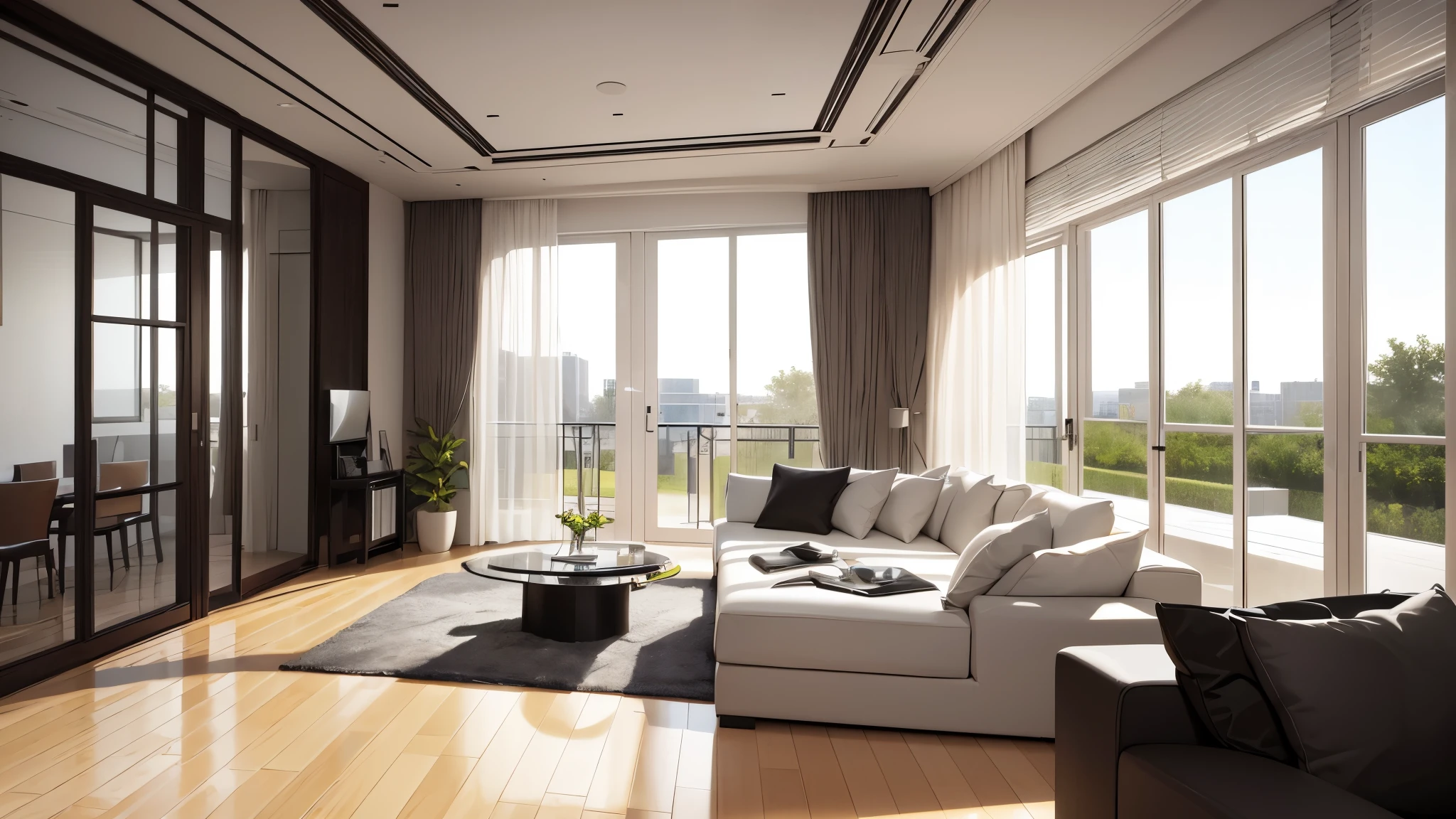 you are a famous interior designer、I was asked to create a 3D image of a large modern room.。. Create a harmonious environment with modern and minimalist furniture. Including garden interior.